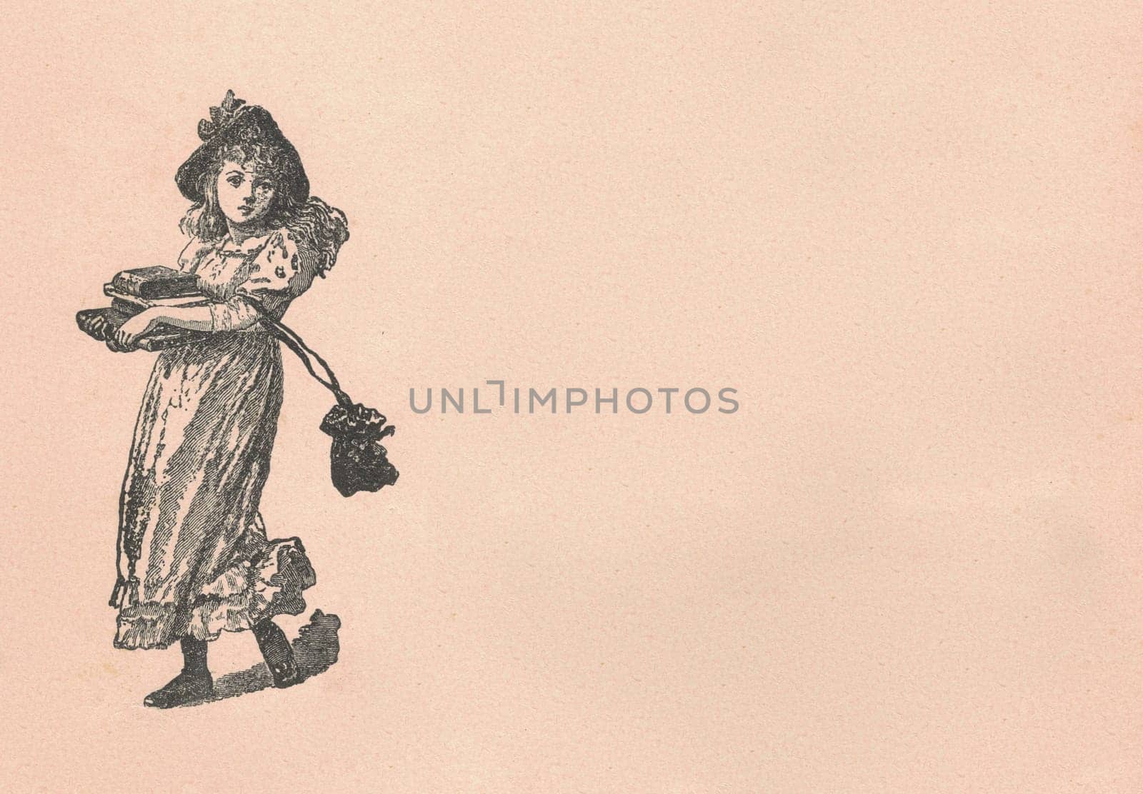 Black and white antique illustration shows a girl holds a pile of books. Vintage drawing shows the girl carries a small pile of books. Old picture from fairy tale book. Storybook illustration published 1910. by roman_nerud