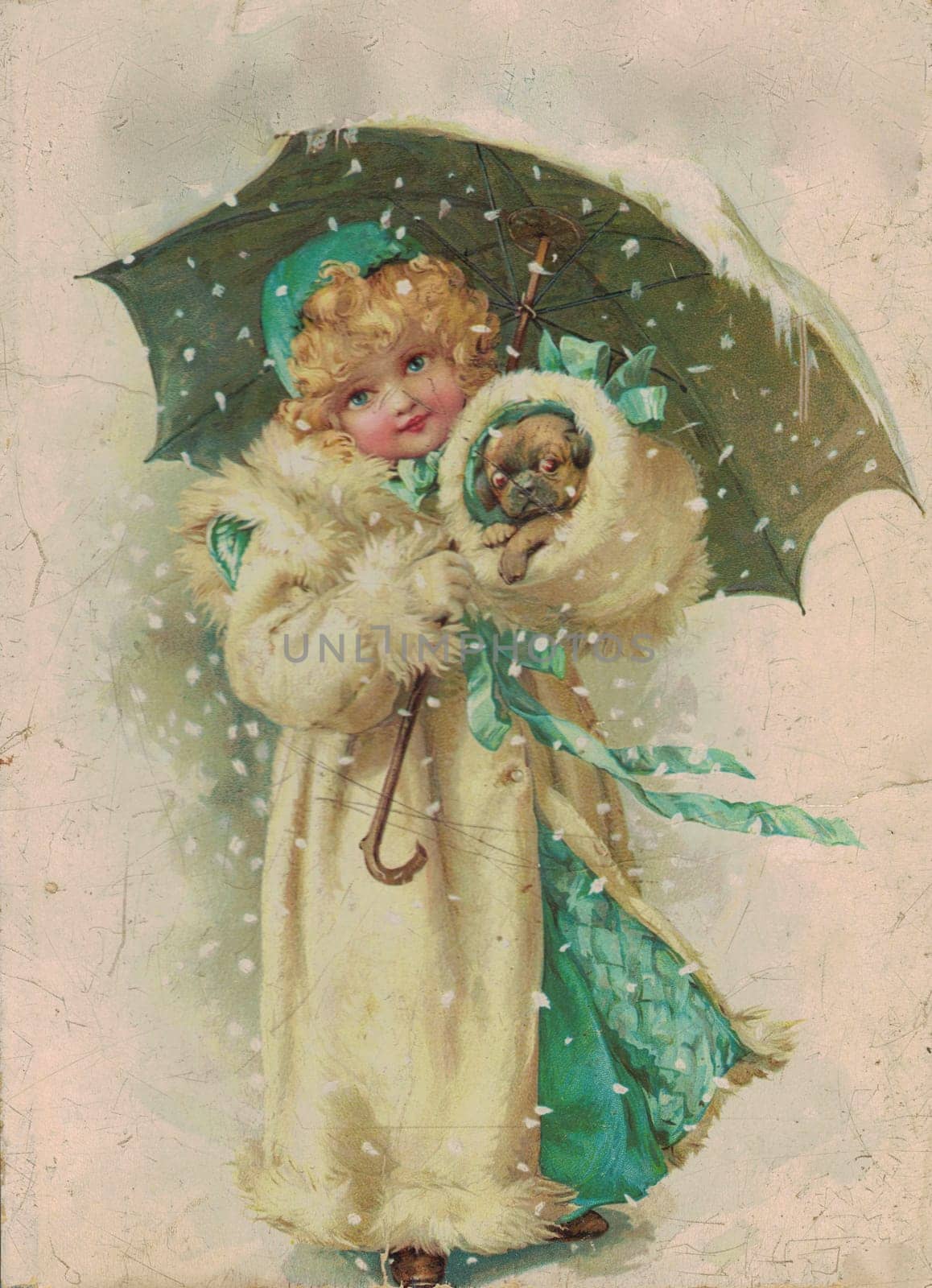 Colorful antique illustration shows a girl holds a small dog at wintertime. Vintage drawing shows the girl carries a little dog and holds umbrella in winter. Old picture from fairy tale book. Storybook illustration published 1910 by roman_nerud