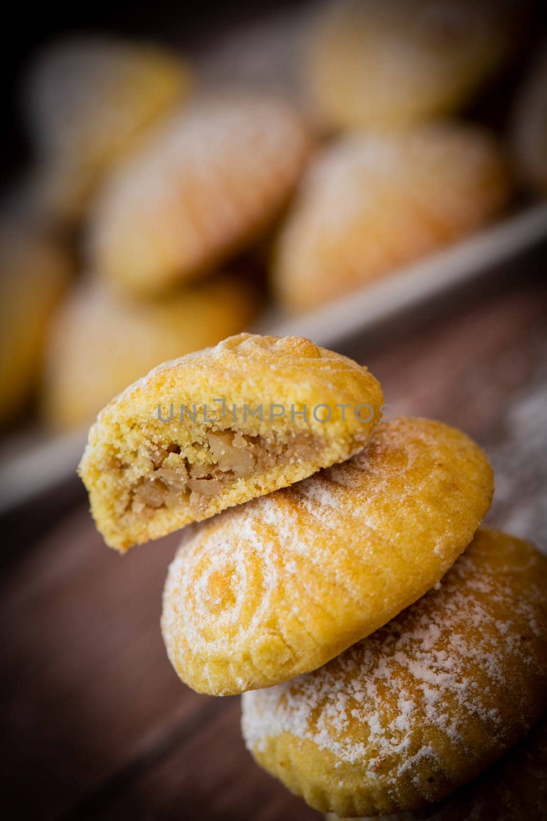 Traditional eid maamoul or mamoul cookies with dates, nuts, and jam, Arabic sweets for Aid al-Fitr and easter, High quality photo