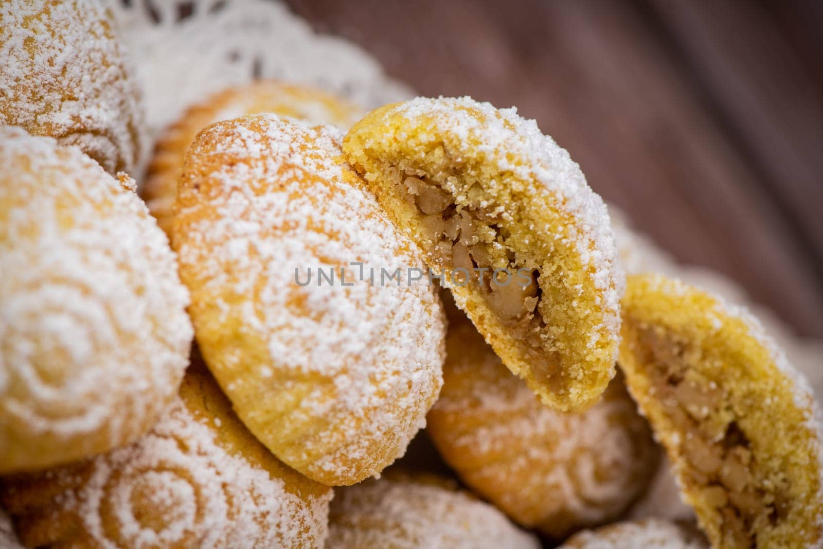 Traditional eid maamoul or mamoul cookies with dates, nuts, and jam, Arabic sweets for Aid al-Fitr and easter, High quality photo