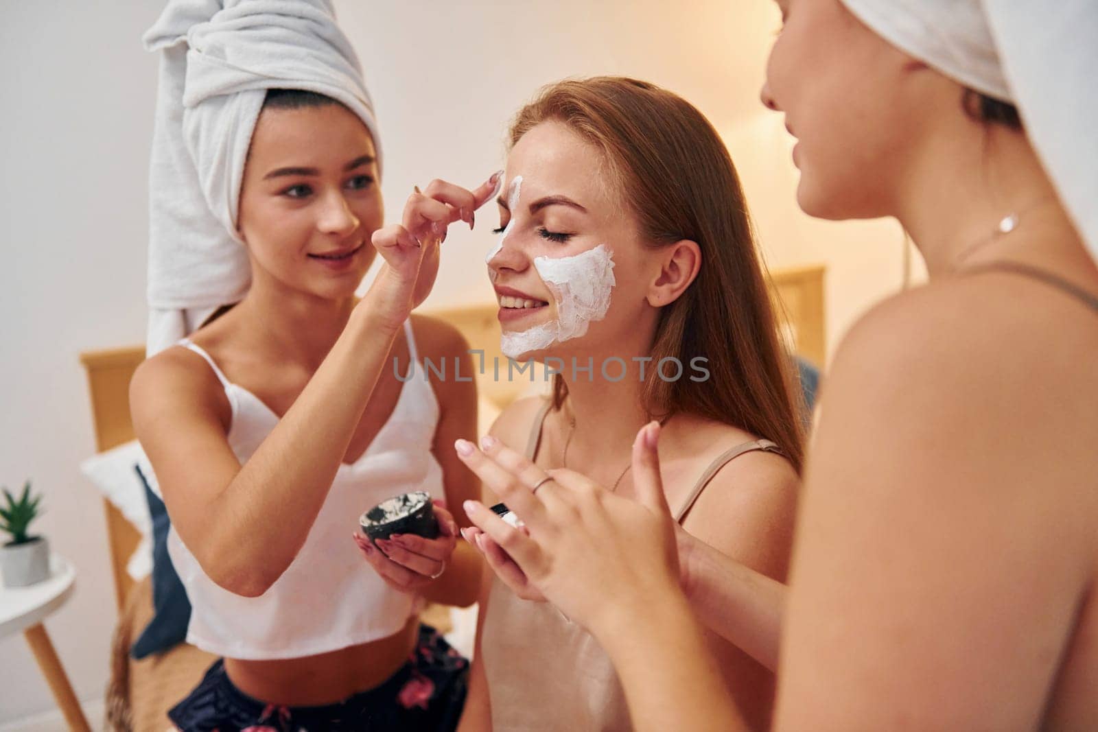 Conception of beauty and spa. Group of happy women that is at a bachelorette party.