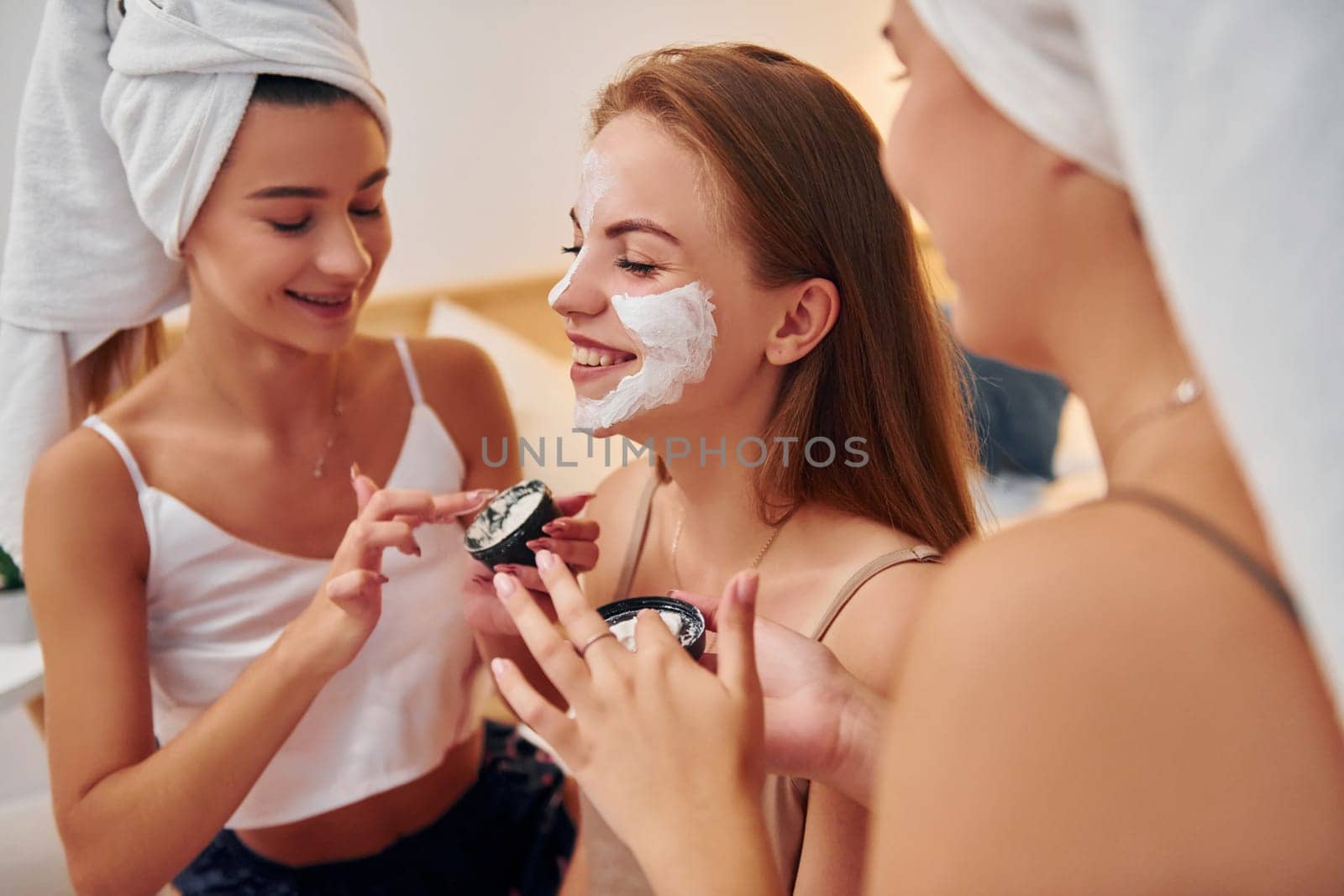 Conception of beauty and spa. Group of happy women that is at a bachelorette party.
