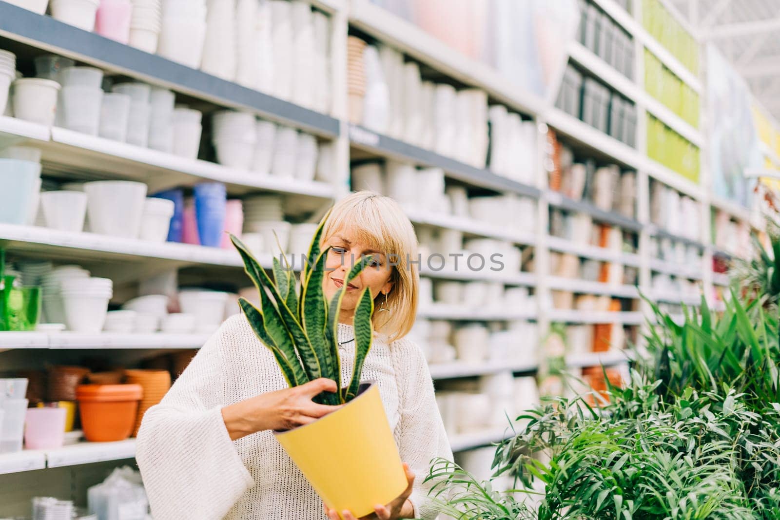 Gardening, planting and shopping concept. Beautiful mature adult woman choosing houseplants and pots in greenhouse or garden centre. Senior buying flowers plants at market store in mall.