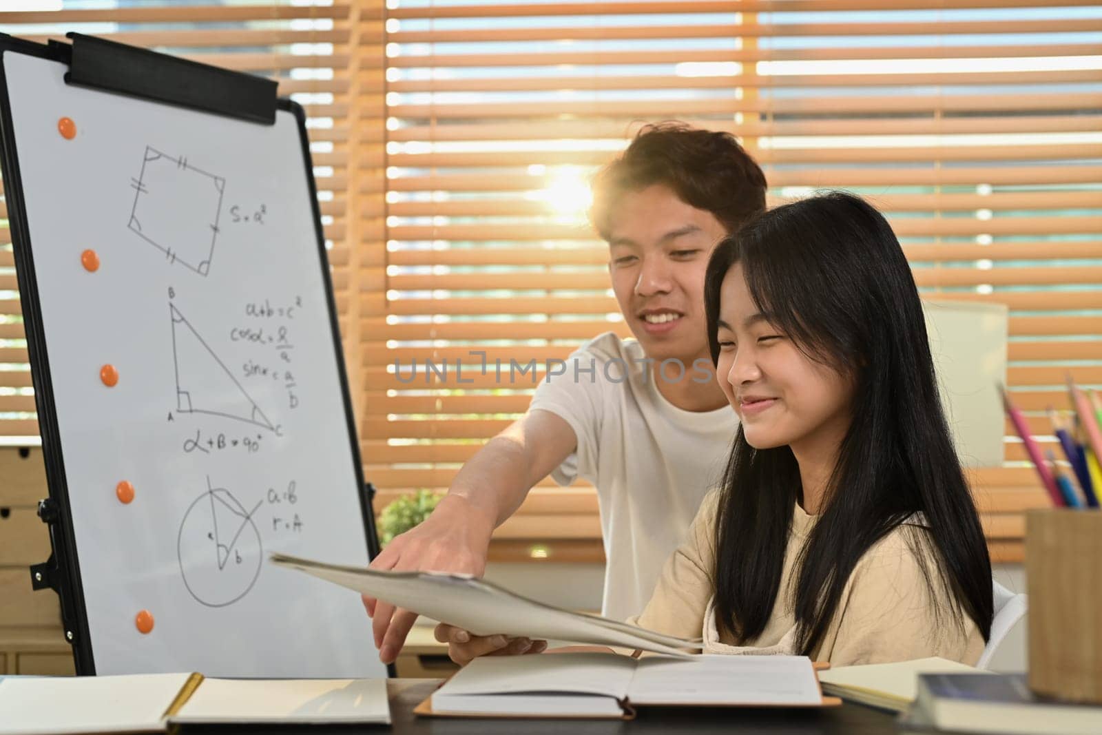 Male tutor giving private educational lesson to teenage asian girl. Homeschooling and education concept.