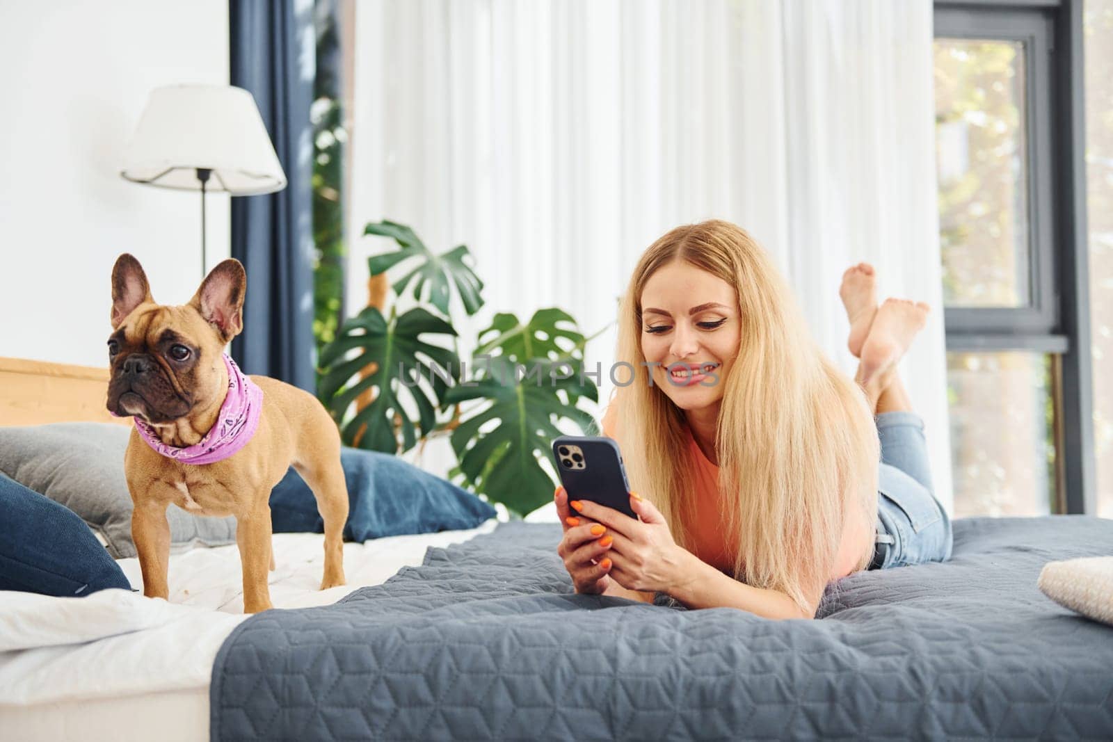 Holding phone. Woman with pug dog is at home at daytime.
