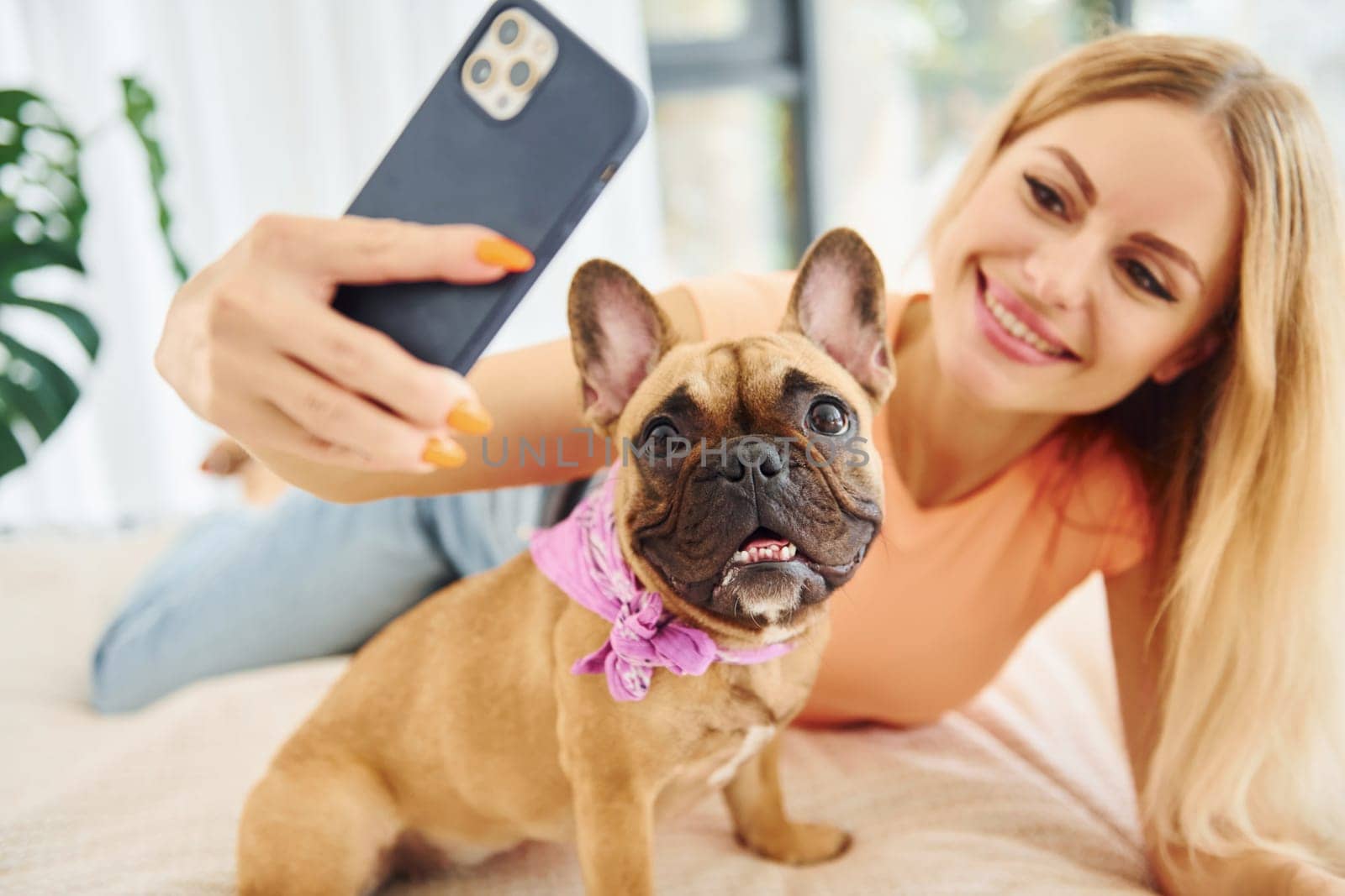 Doing selfie. Woman with pug dog is at home at daytime.