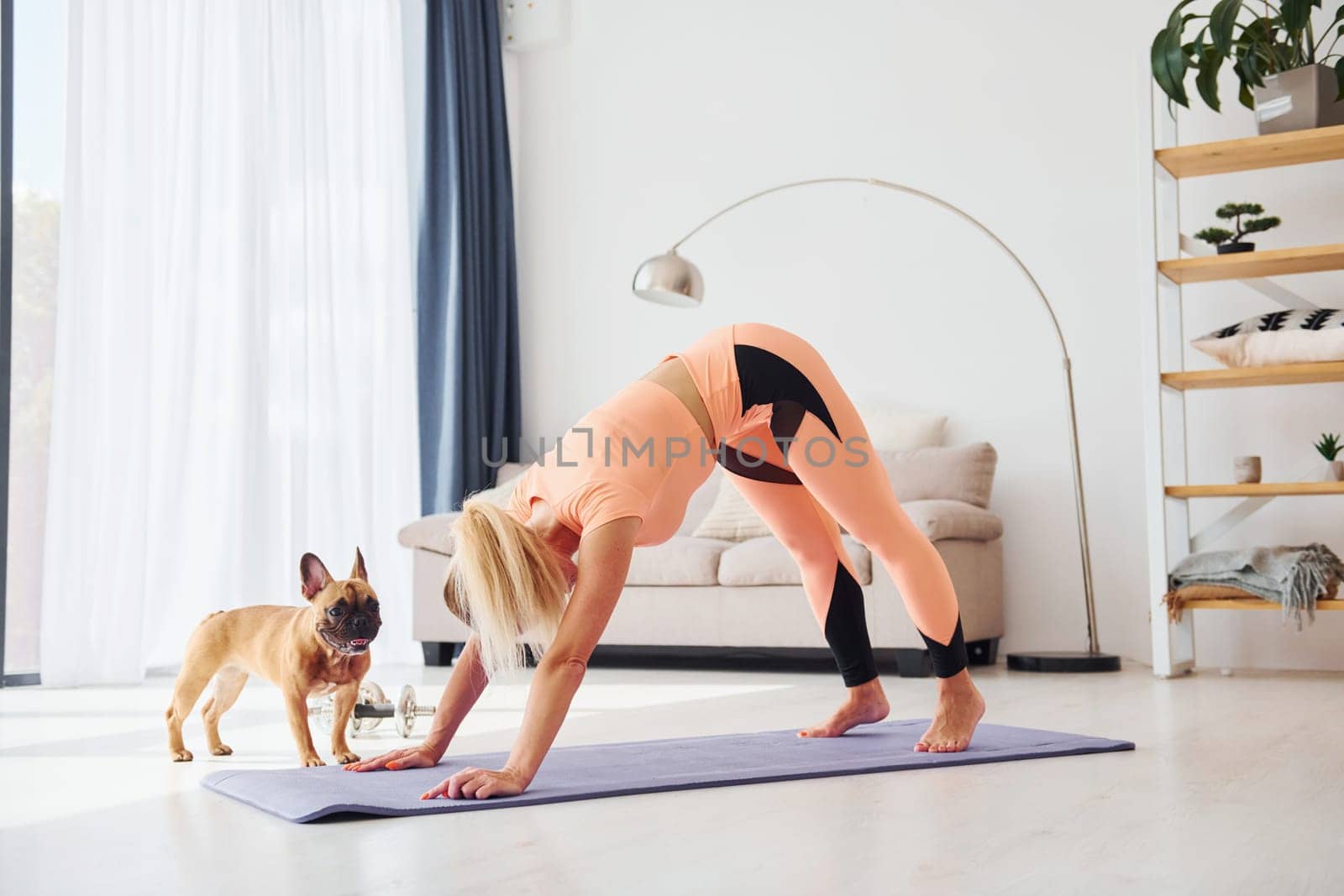 Woman in yoga clothes with pug dog is at home at daytime.