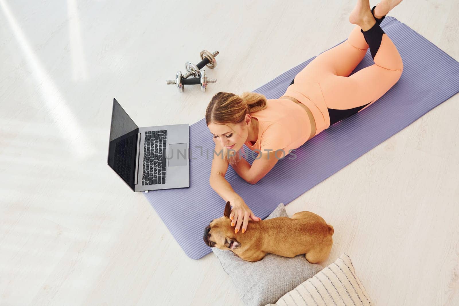 Top view of woman with pug dog and laptop that is at home at daytime by Standret