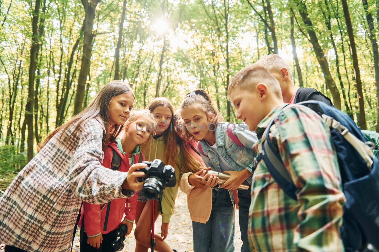 Holding camera. Kids in green forest at summer daytime together by Standret