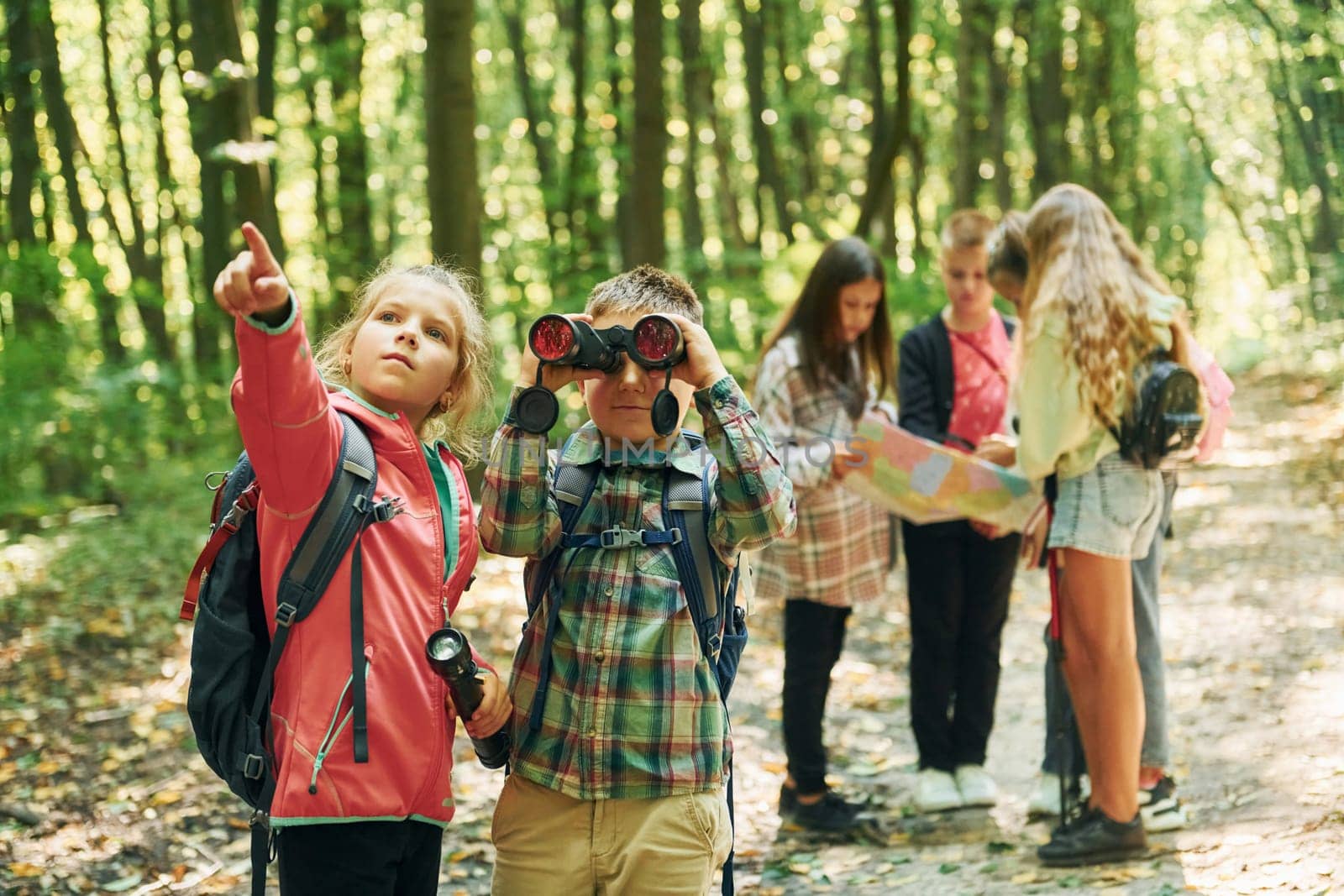 New places. Kids in green forest at summer daytime together by Standret