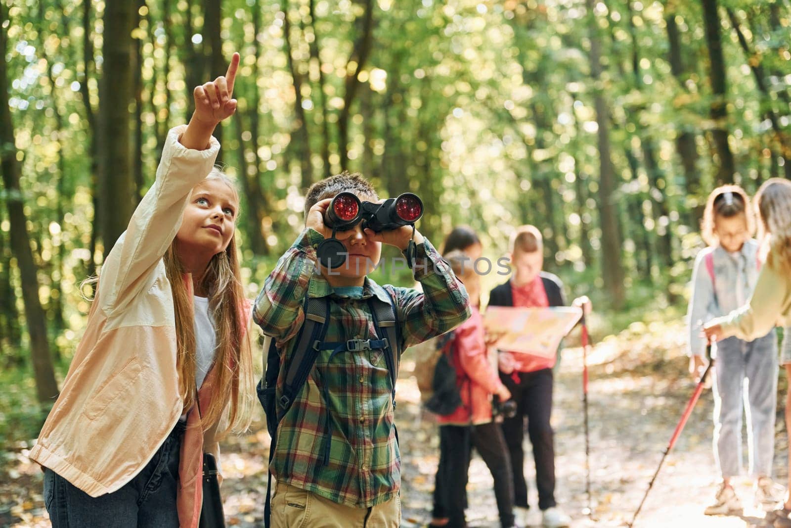 Conception of tourism. Kids in green forest at summer daytime together.