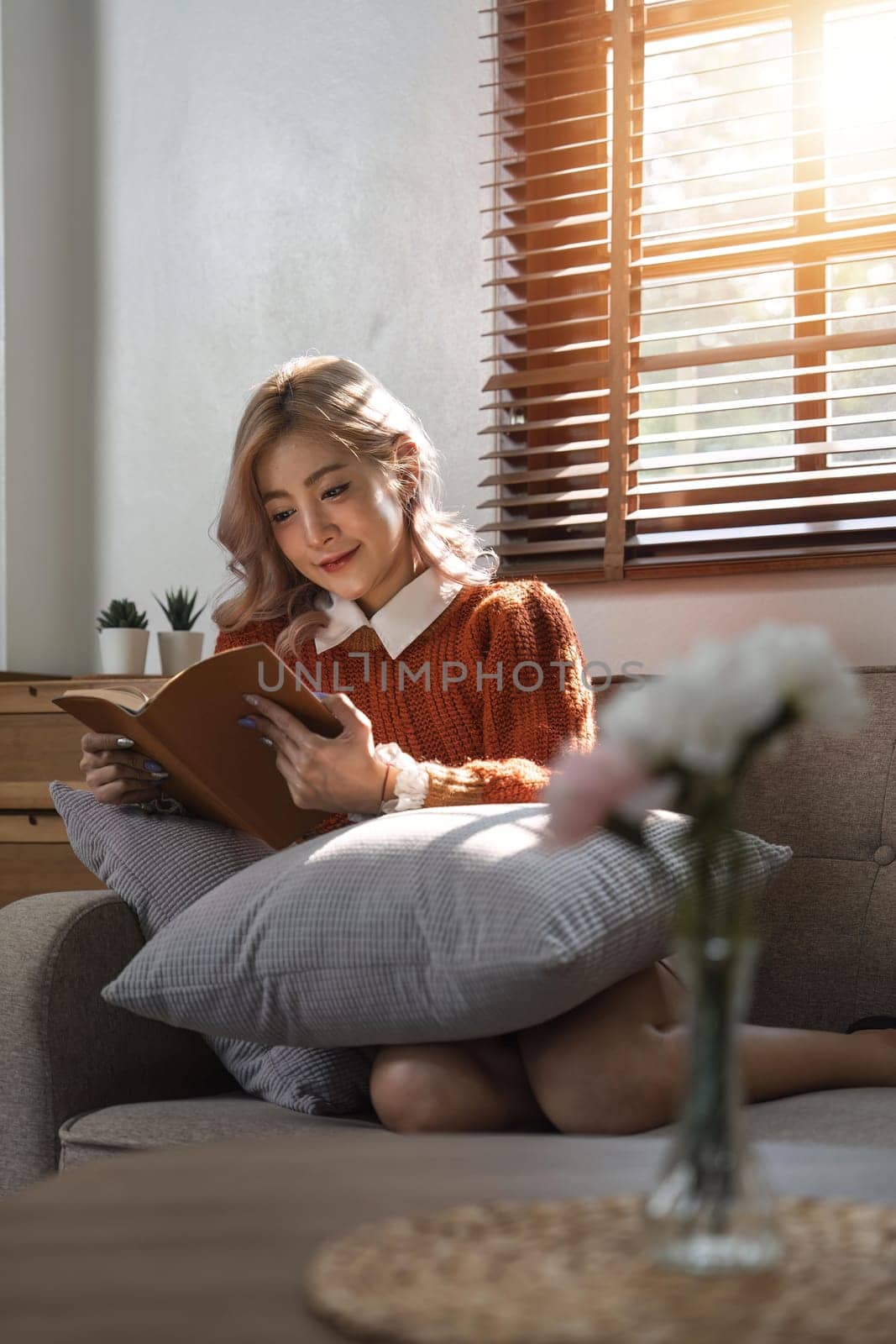 Young asian woman relax on couch at cozy home read interesting book. Happy female rest on sofa in living room enjoy novel or story on weekend.