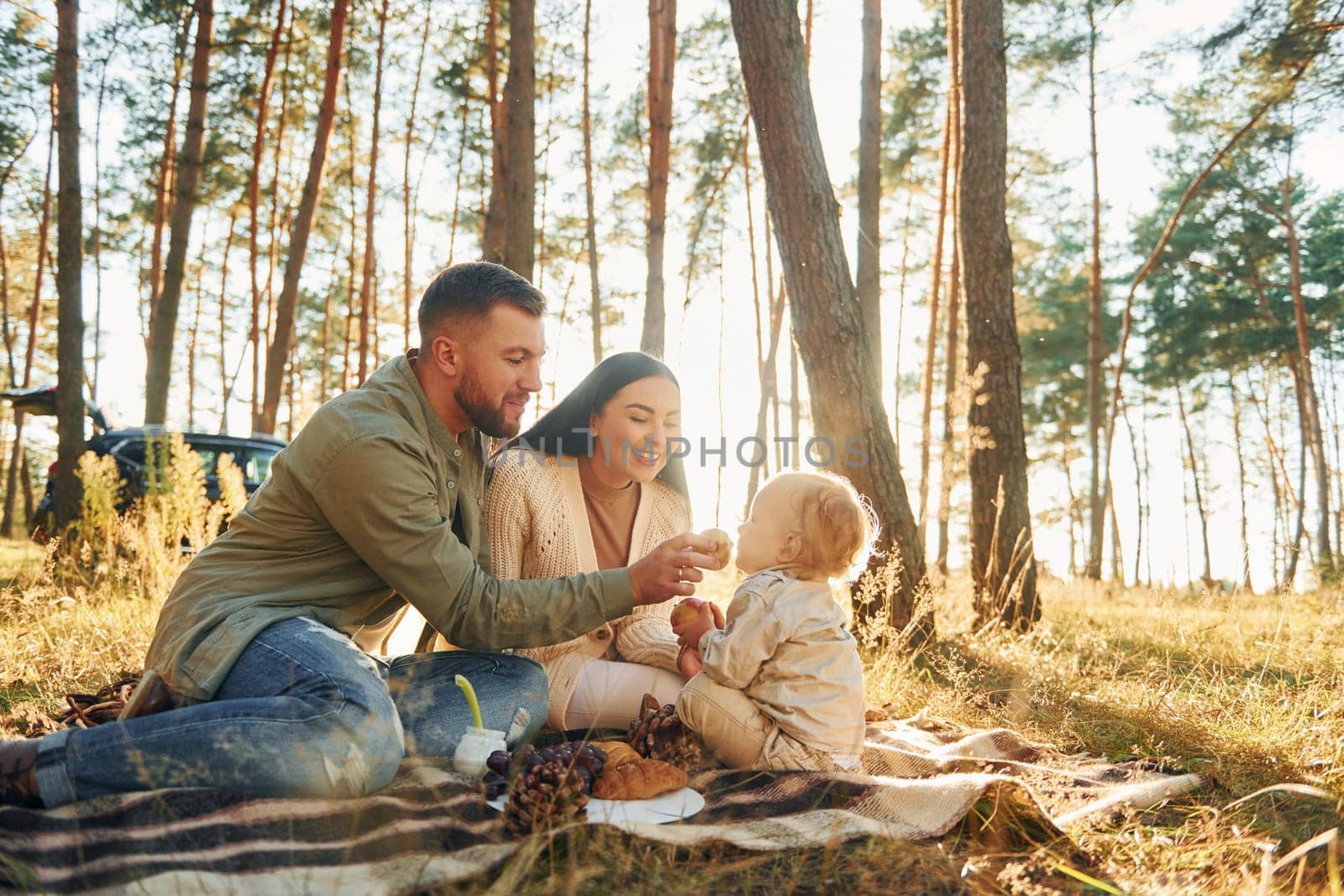 Illuminated by sunlight. Happy family of father, mother and little daughter is in the forest.