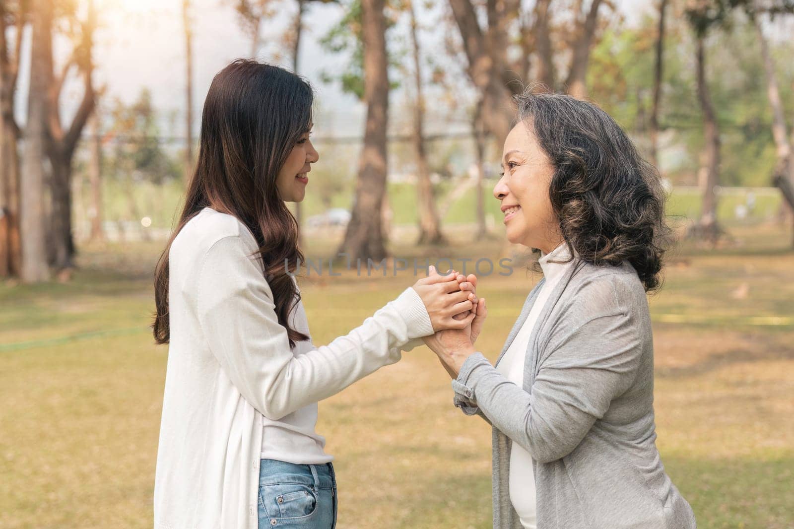 Close-up of granddaughter consoling her senior grandmother and touching hand when in park.