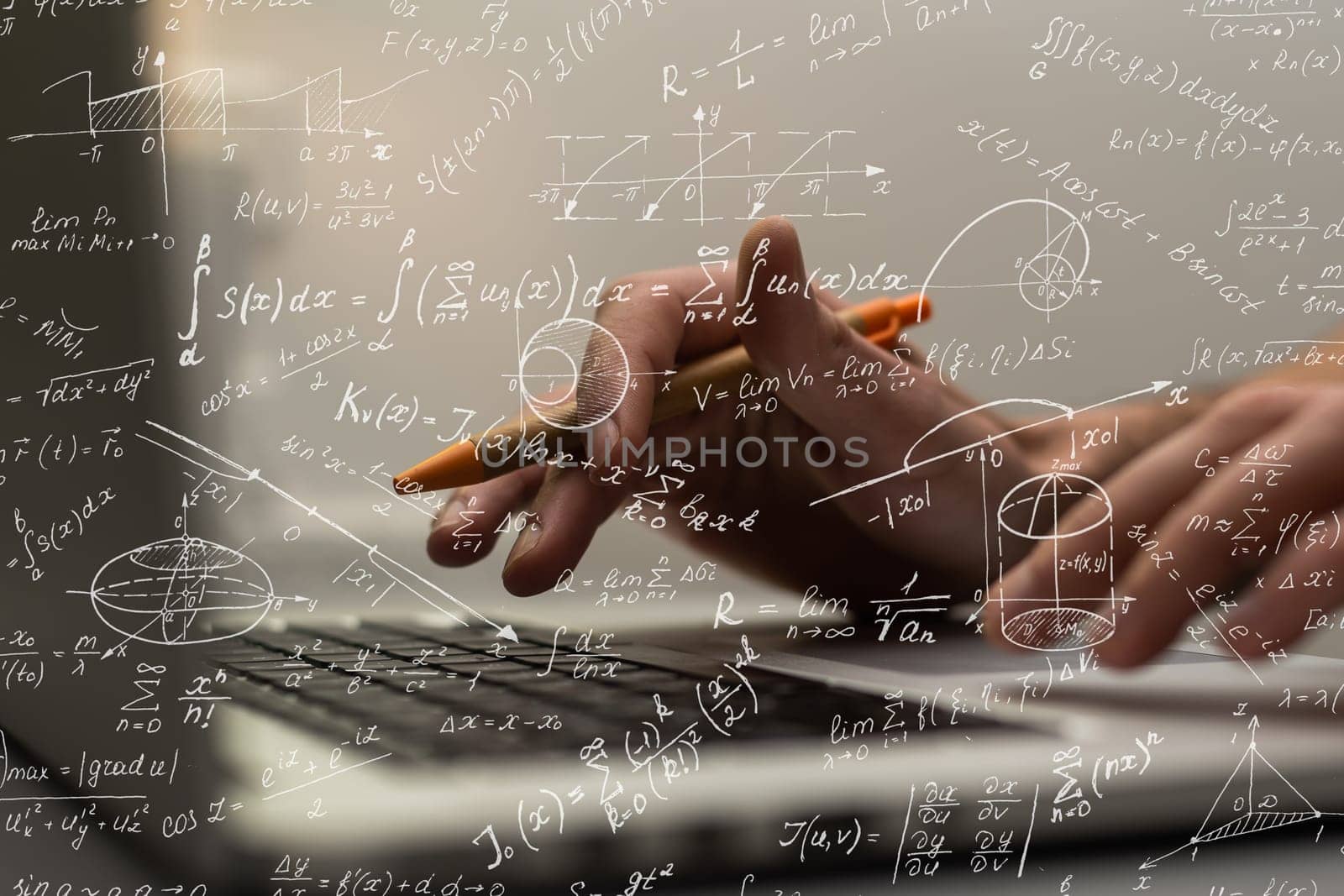 Student or teacher with mathematical and scientific formulas. Concepts of education. Symbols and equations on a virtual interface. Double exposure by Andelov13