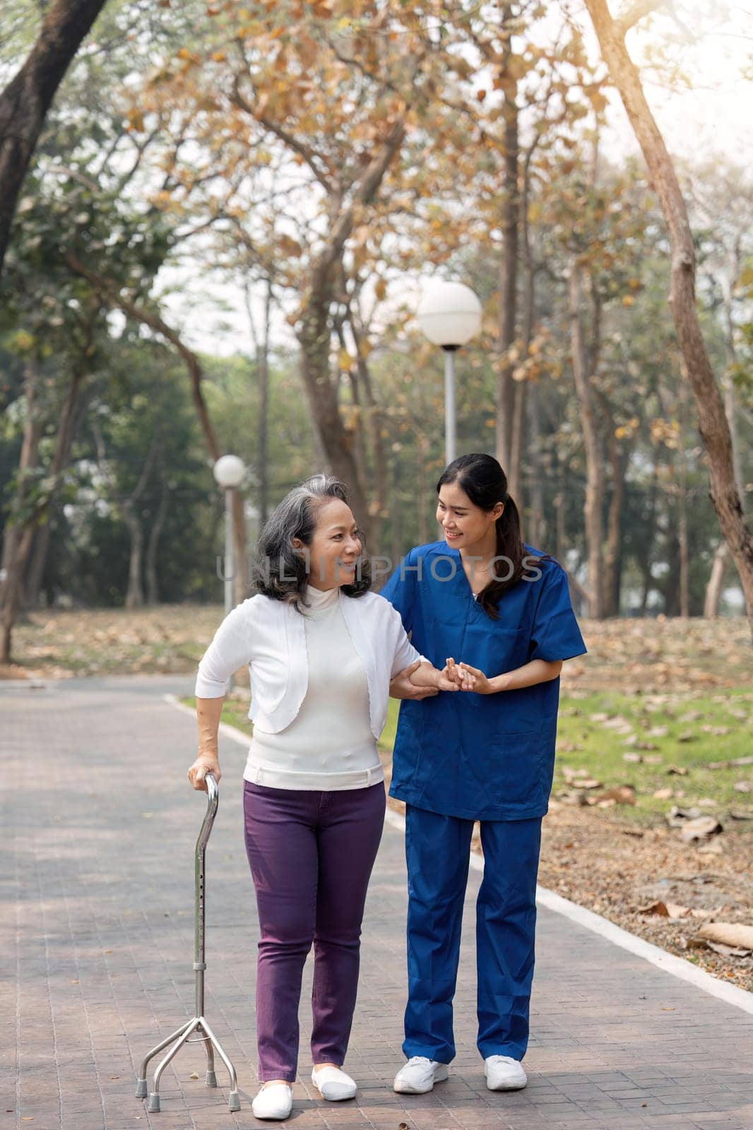 nurse helping elderly woman with walker Nurse holding hand and help elderly woman walking in park facility.