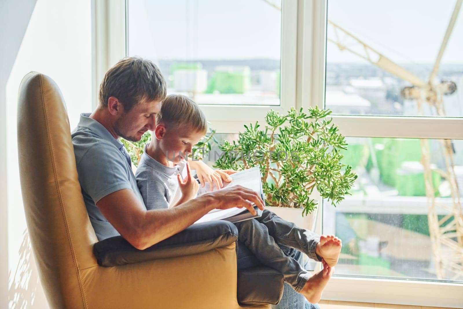 Sitting with book. Beautiful sunlight. Father and son is indoors at home together.