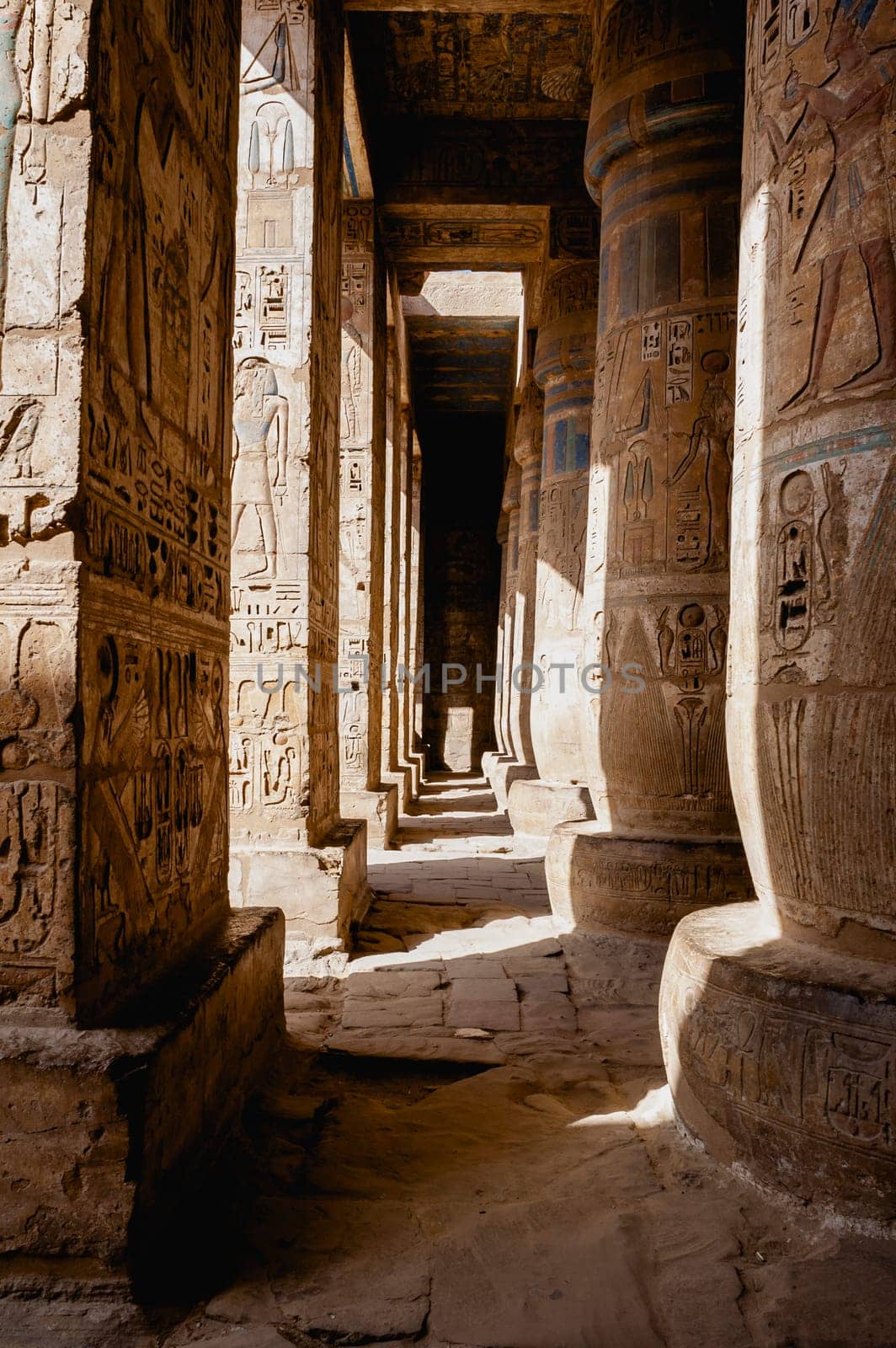 Luxor, Egypt - April 16 2008: The funerary temple of Ramses II in the archaeological site of Medinet Habu, Luxor, Egypt