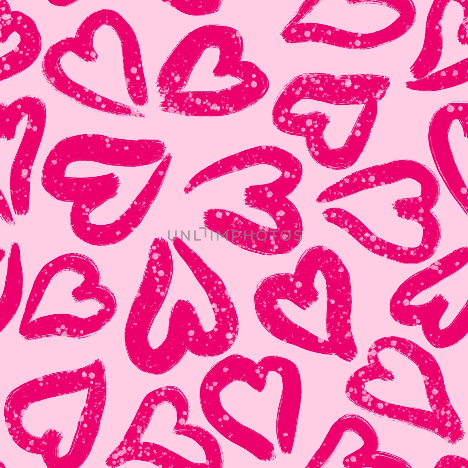 Hand drawn seamless pattern with hot hyper pink st valentines day hearts love. Cute romantic doodle on white background, wrapping paper textile, valentine texture symbol fabric print, simple shapes