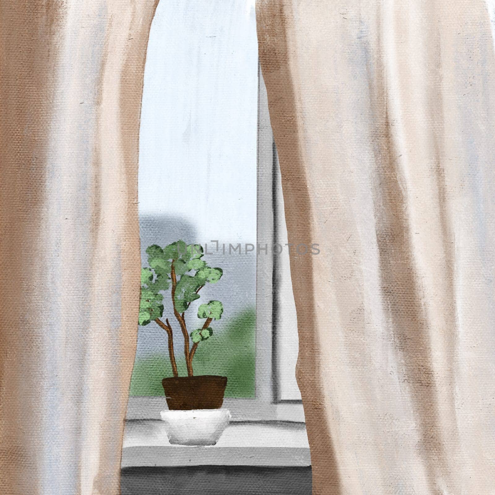 Hand drawn illustration of room window windowsill with houseplant, city town view. Beige curtains indoor interior modern minimalist house, decoration room design green nature building