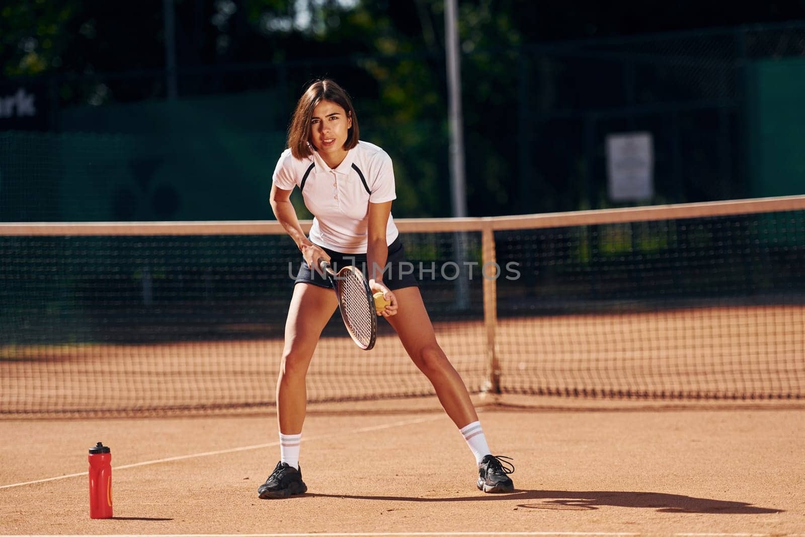 Ready for the game. Female tennis player is on the court at daytime.