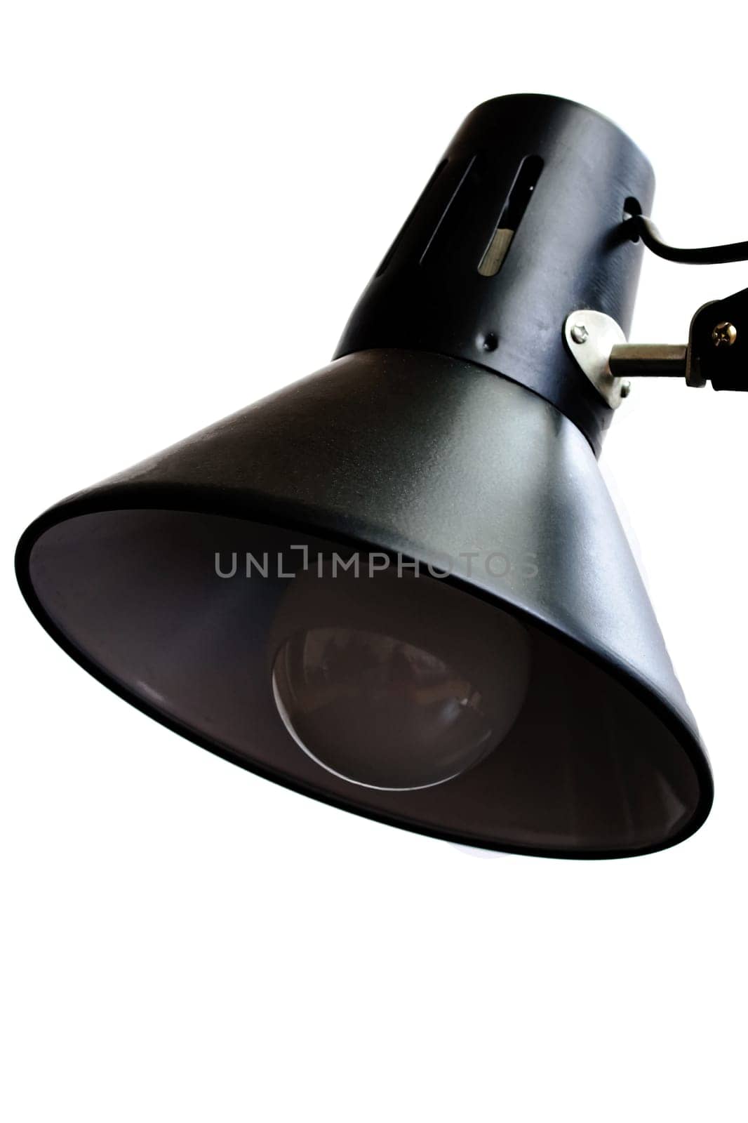 Black metal table lamp isolated on white background close up