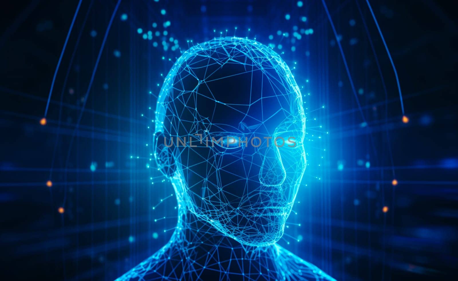 Futuristic medical technology abstract head abstract head graph of a person with graphs and cables on a background. Hi tech Wireframe human AI system concept.