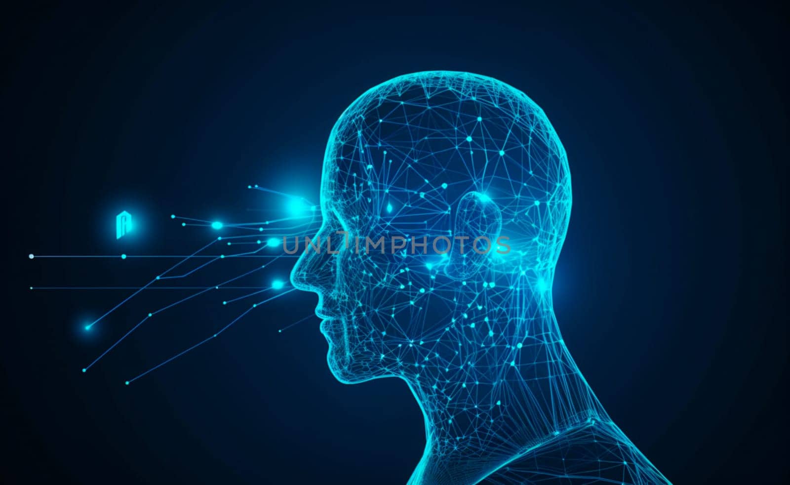 Futuristic medical technology abstract head abstract head graph of a person with graphs and cables on a background. Hi tech Wireframe human AI system concept.