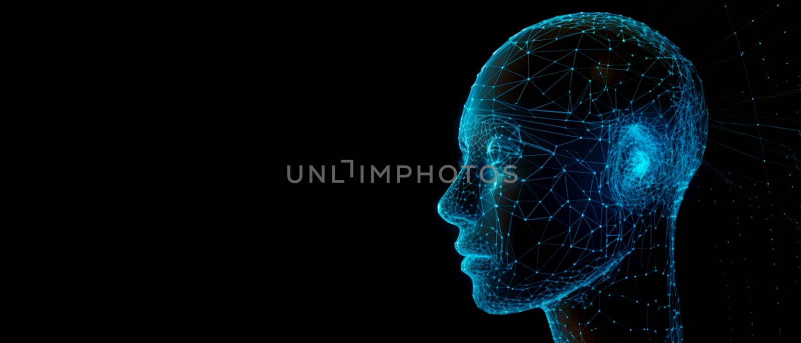 Futuristic medical technology abstract head abstract head graph of a person with graphs and cables on a background. Hi tech Wireframe human AI system concept.