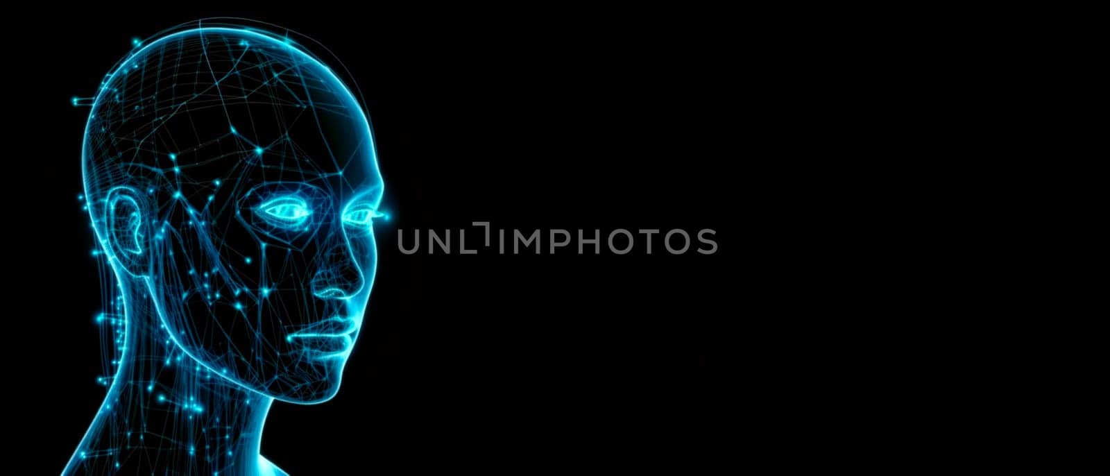 Futuristic medical technology abstract head abstract head graph of a person with graphs and cables on a background. Hi tech Wireframe human AI system concept.