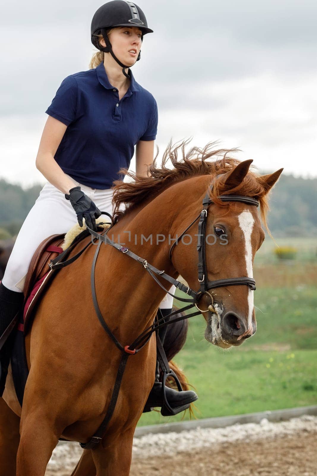 A young girl with a helmet rides a horse in a riding competition. Portrait up close at high riding speed and horse motion.