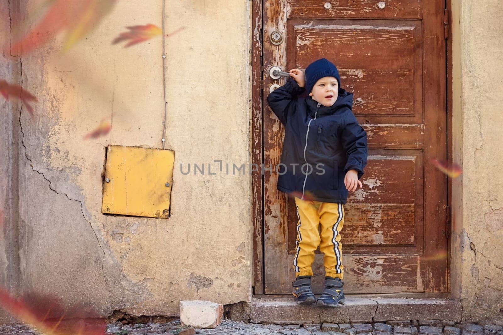 A little boy poses on an autumn day at the ancient door and cracked wall in the Old Town. The autumn wind blowing up the colorful leaves of the trees, child is surprised by the fall of leaves.