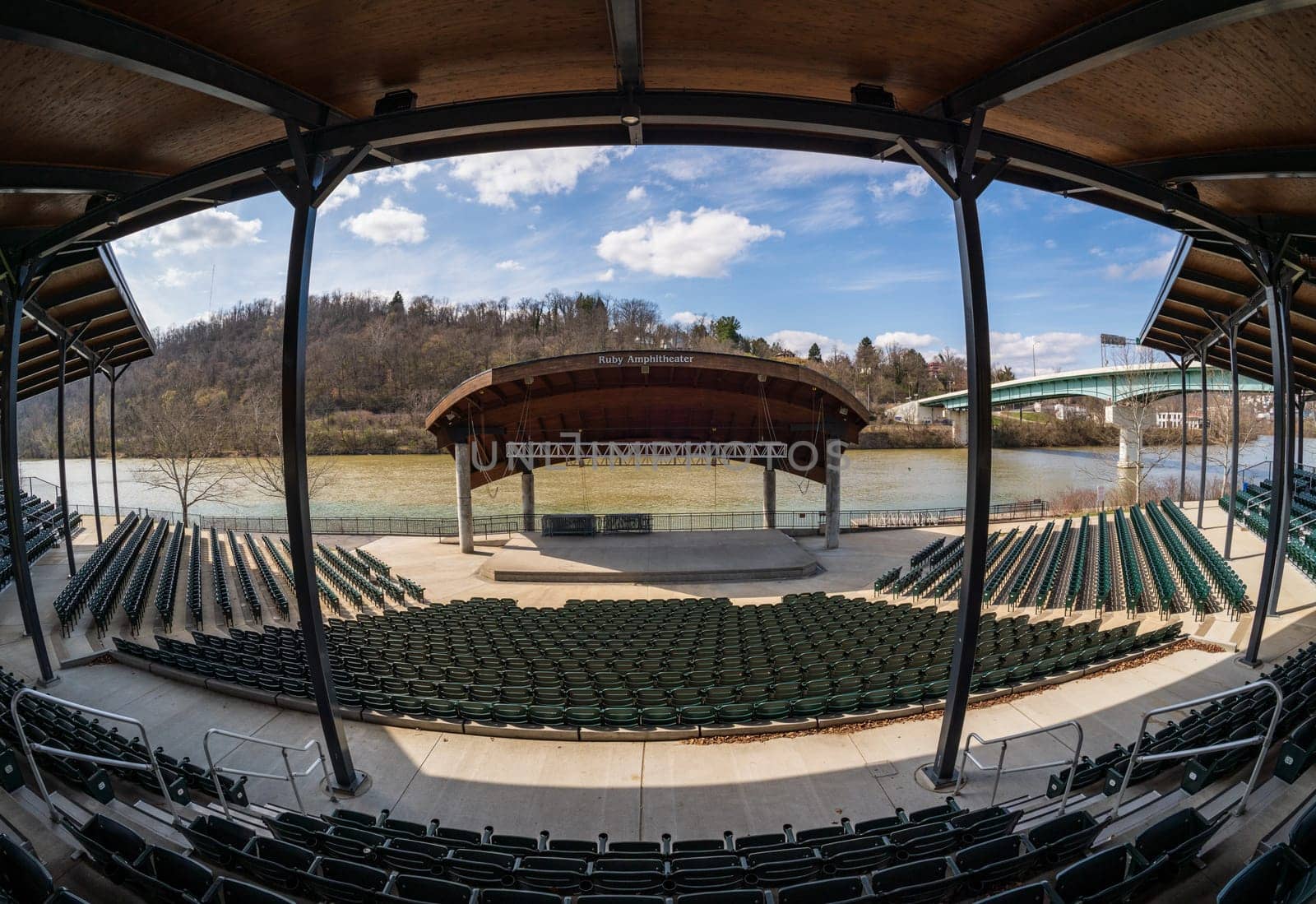 Fish eye wide angle lens view of the Ruby Amphitheater by the river in Morgantown West Virginia in spring