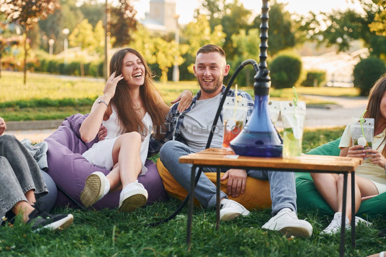 Happy couple. Group of young people have a party in the park at summer daytime.