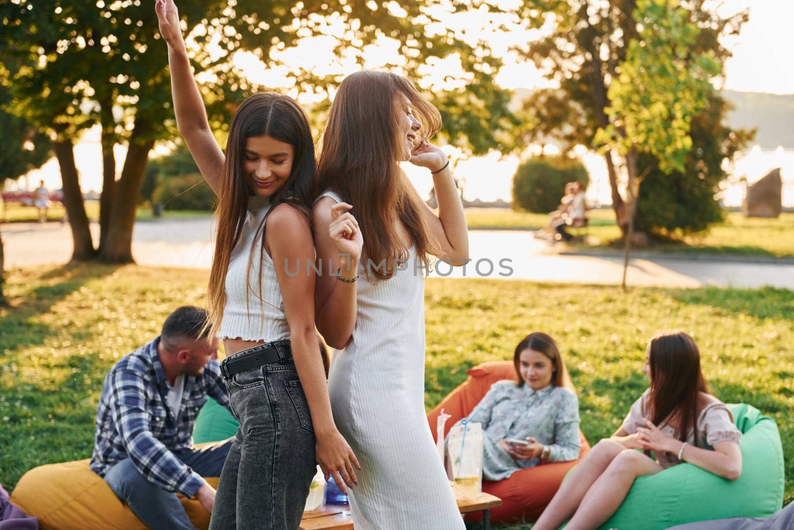 Women posing for the camera. Group of young people have a party in the park at summer daytime.