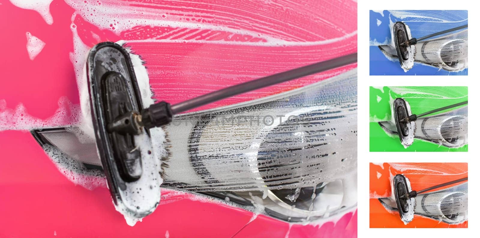 Car front light being washed in self serve car wash, brush leaving strokes in shampoo foam on glass. Pink version, but colour can be easily changed with hue/saturation tool. by Ivanko