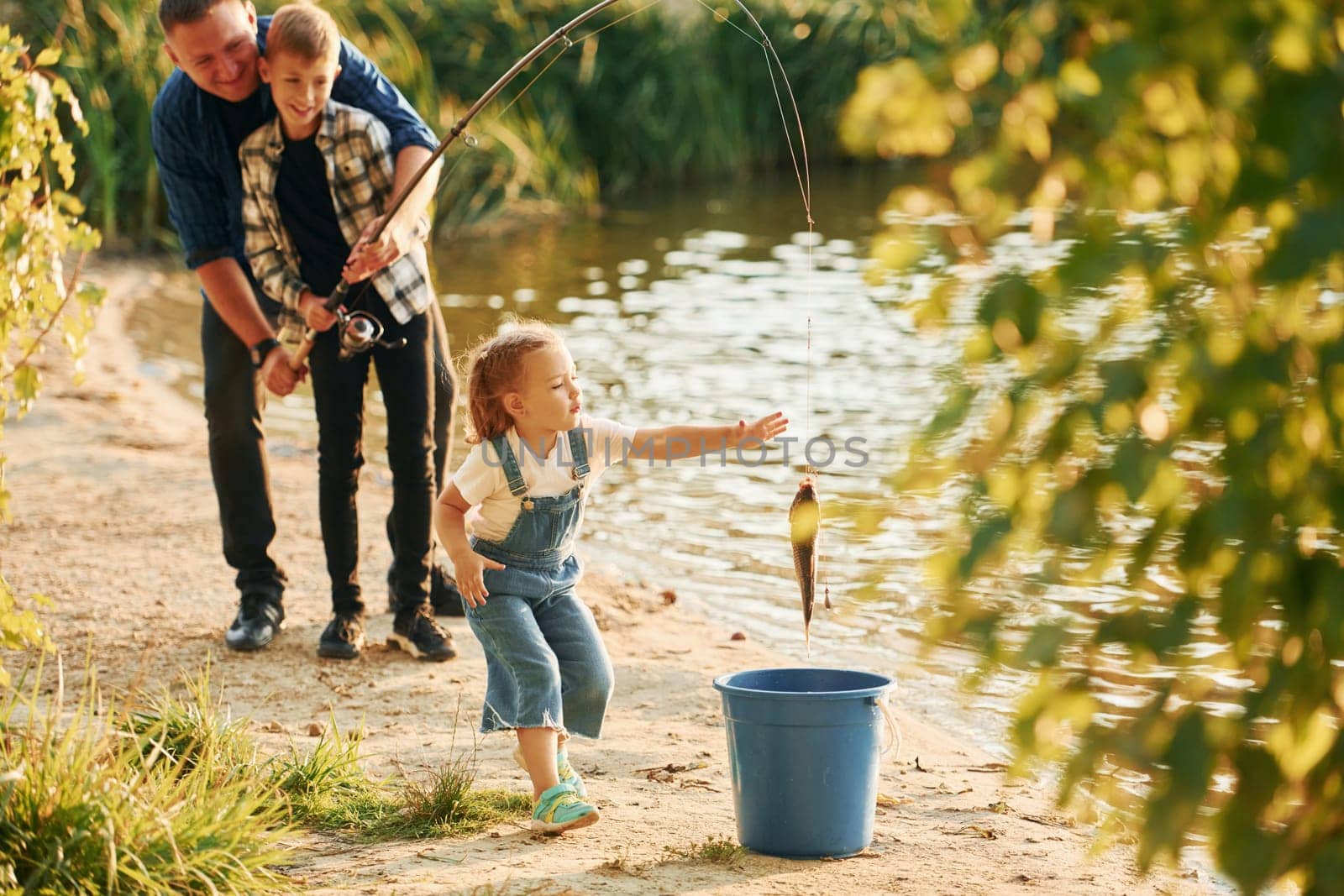 Girl putting fish into the bucket. Father with son and daughter on fishing together outdoors at summertime.