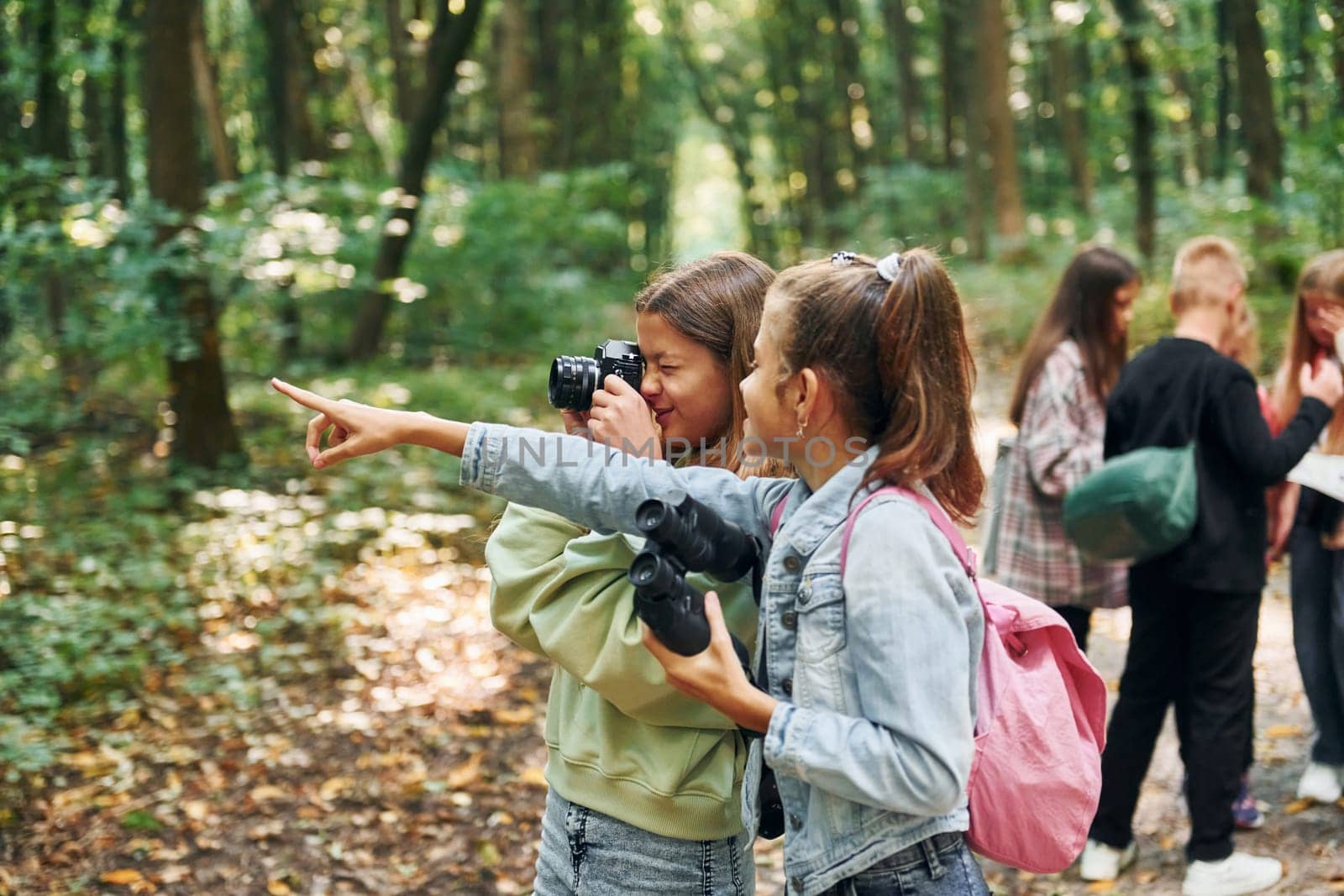 Looking for a path. Kids in green forest at summer daytime together.
