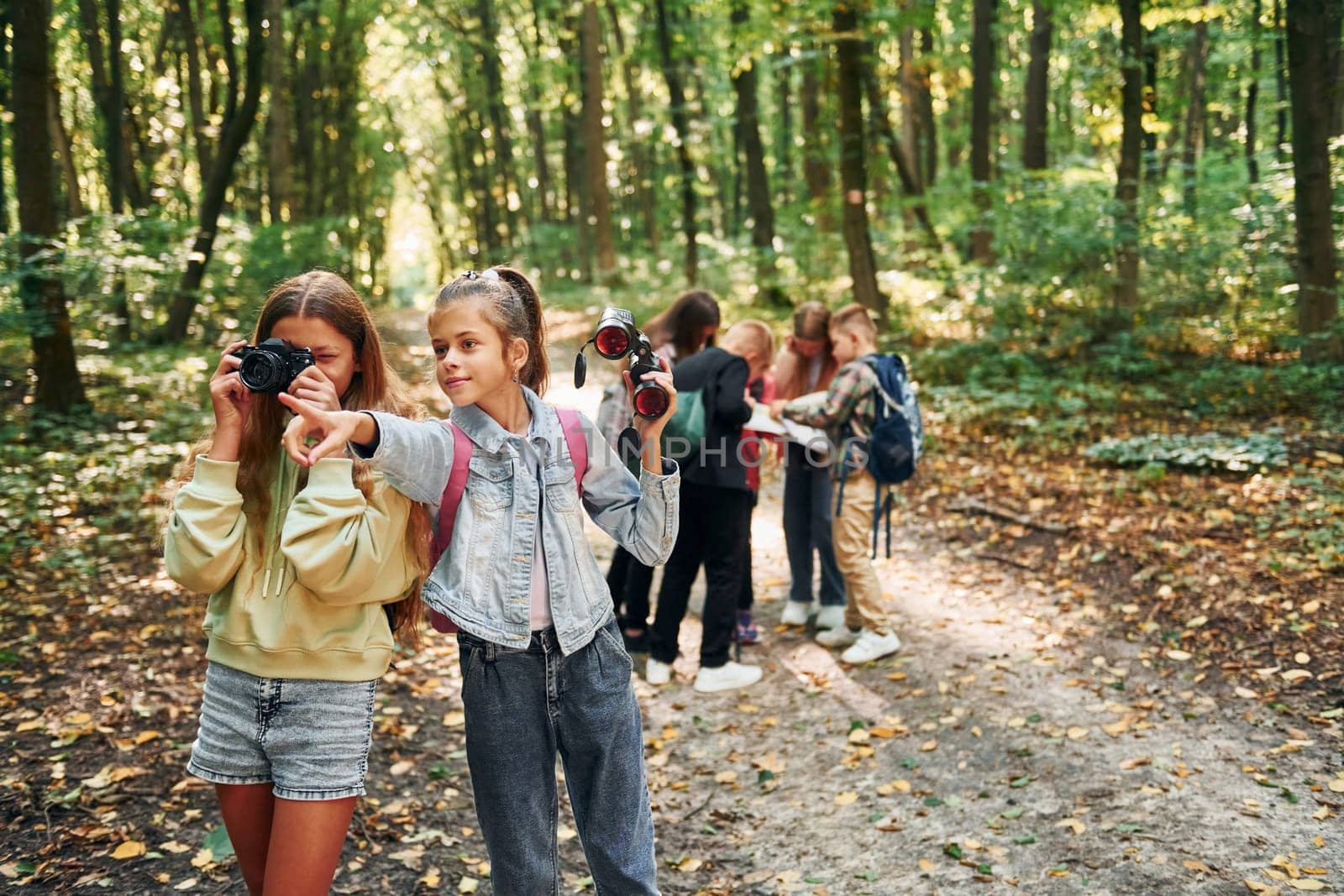 Looking for a path. Kids in green forest at summer daytime together.
