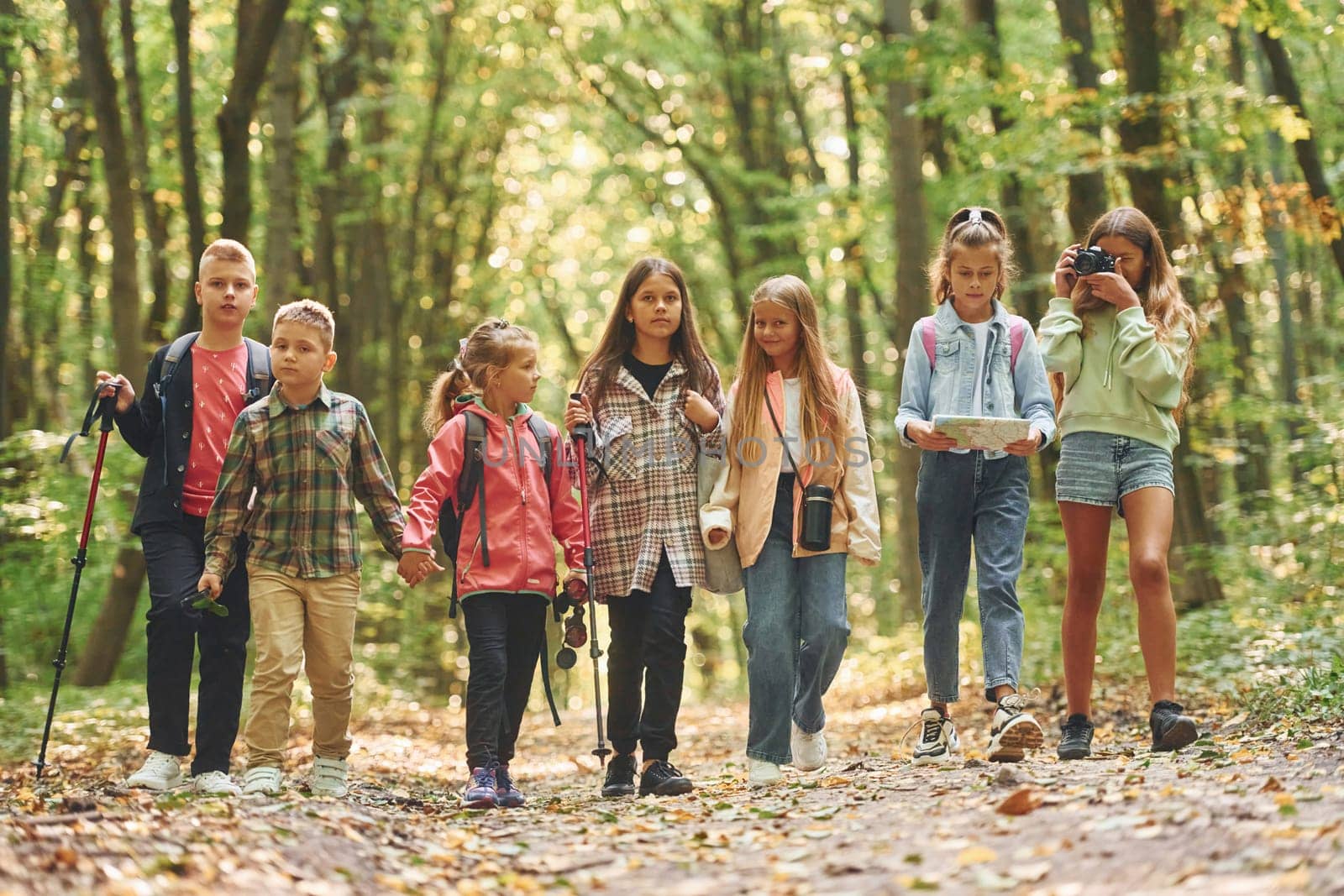 In green forest. Kids having a walk outdoors at summer daytime together.