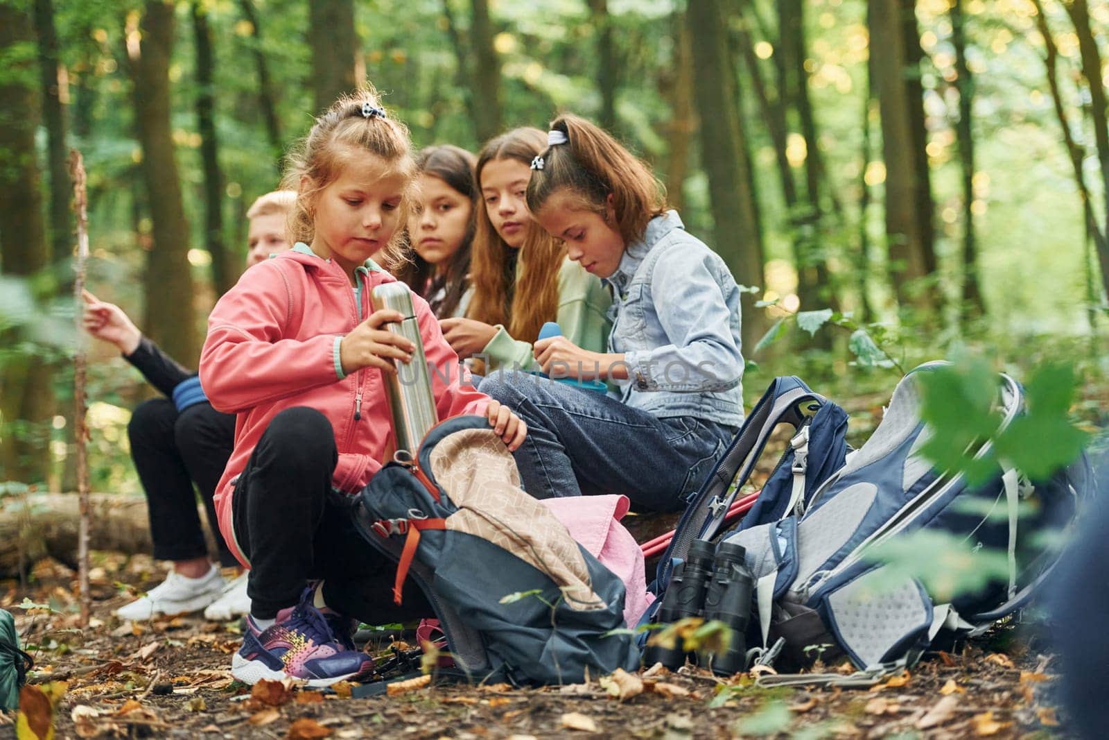 Sitting and having a rest. Kids in green forest at summer daytime together.