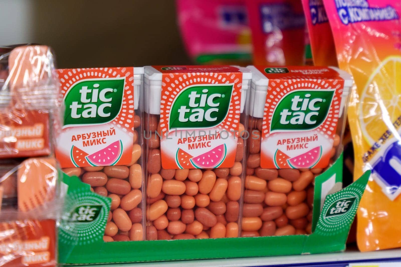 Tyumen, Russia-March 17, 2023: Tic tac are manufactured by Italian confectioner Ferrero and were first produced in 1968. Selective focus
