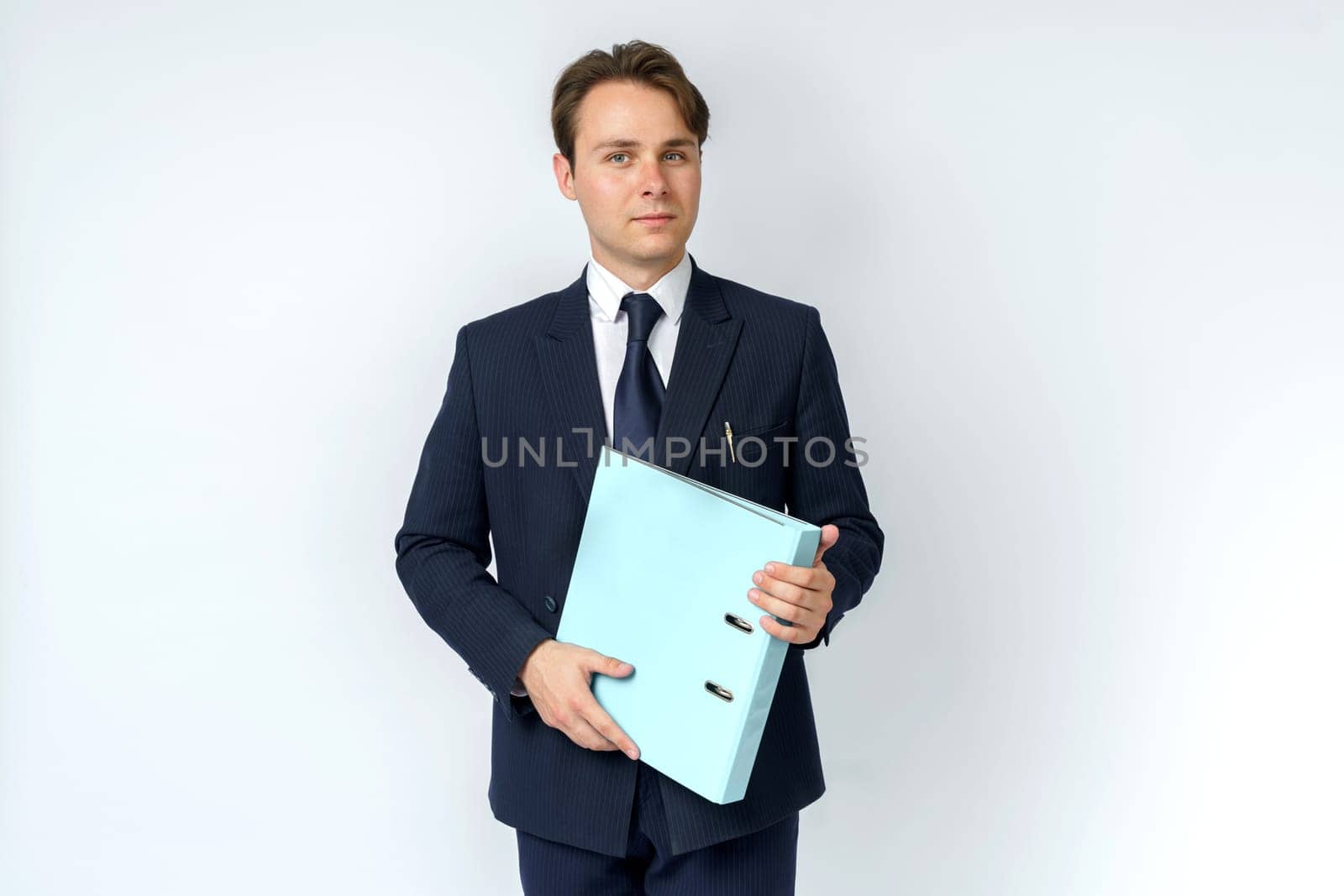 A businessman in a blue suit holds folders on a white background. by Sd28DimoN_1976