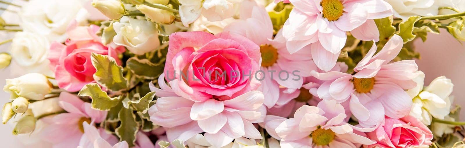 Modern floral bouquet of different flowers, colorful bunch of flowers.pink roses, Chrysanthemum. daisy and Eustoma. Colorful postcard. Congratulation or present concept.web banner by YuliaYaspe1979
