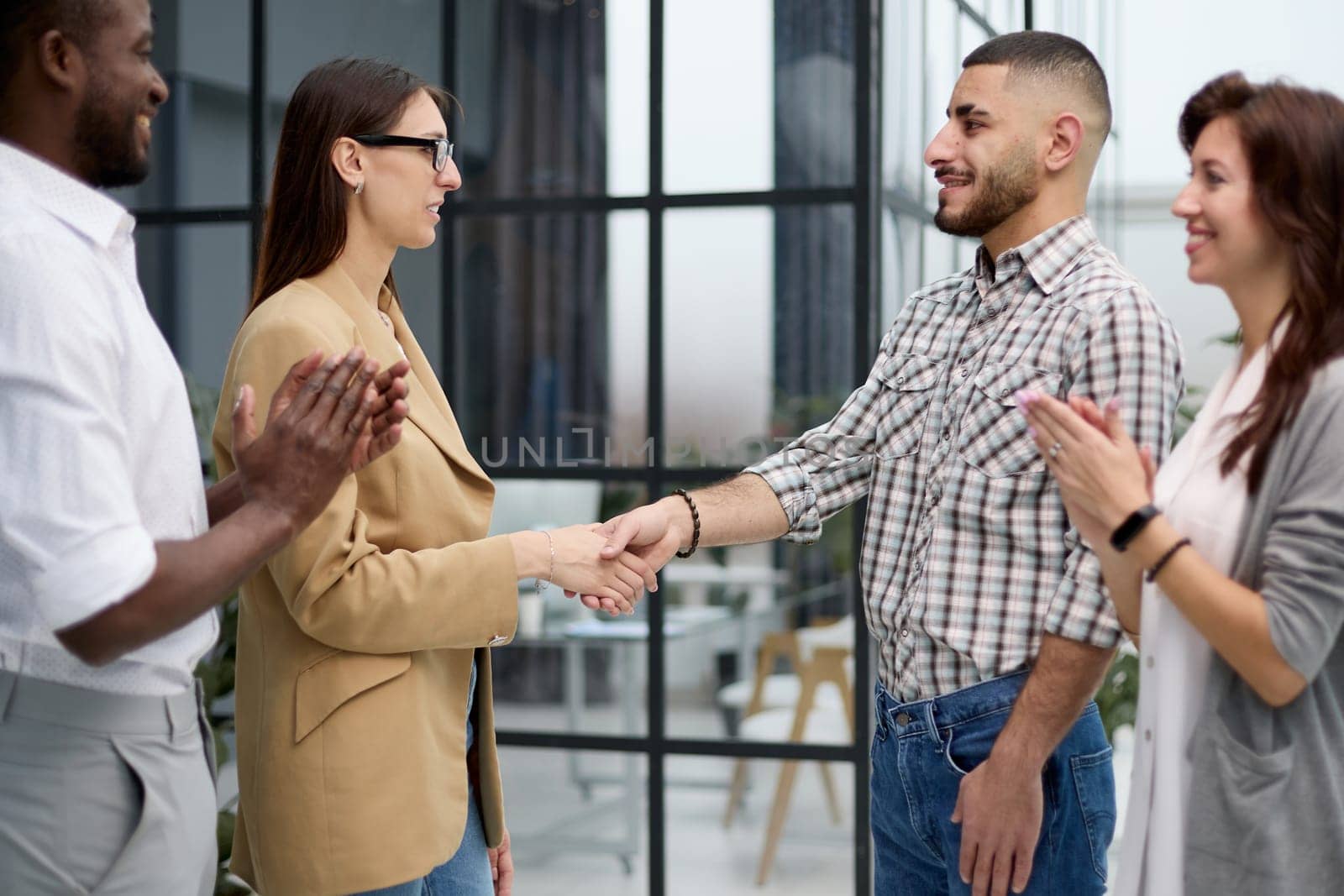 meeting new partners in the office corridor