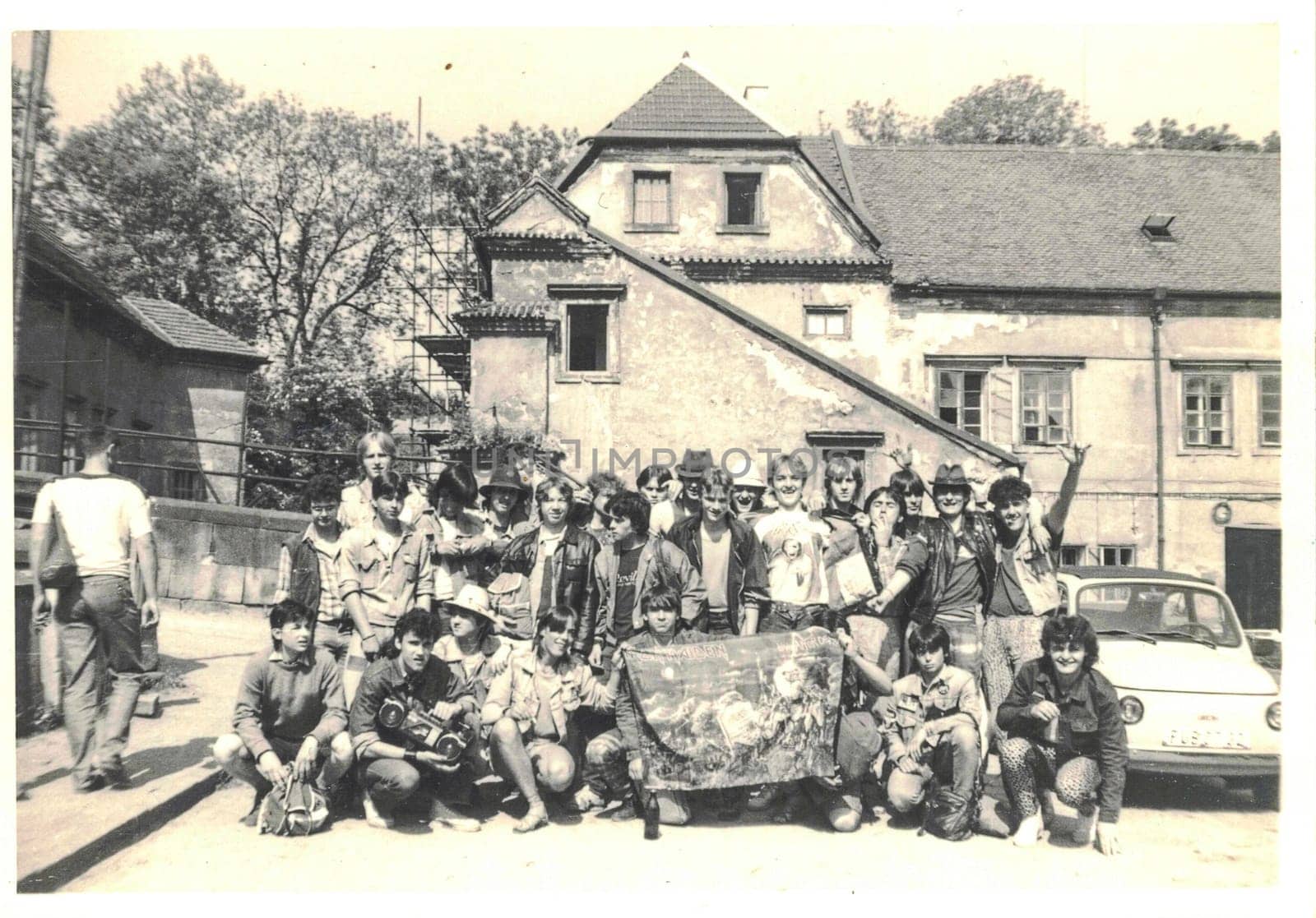THE CZECHOSLOVAK SOCIALIST REPUBLIC - CIRCA 1980s: Retro photo shows group of student - boys. Secondary school students - boys on school trip. Black white photography.