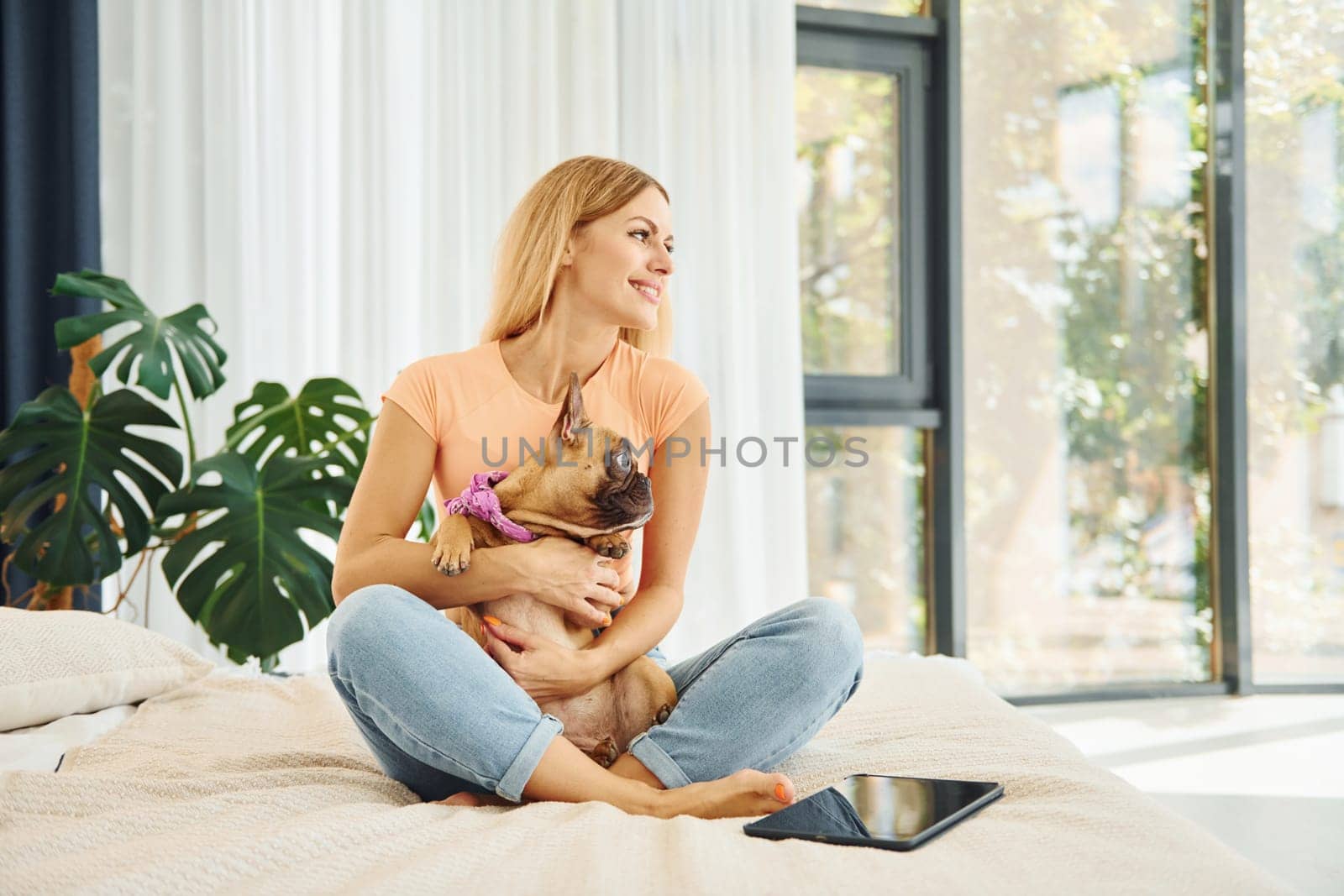 With tablet on bed. Woman with pug dog is at home at daytime.