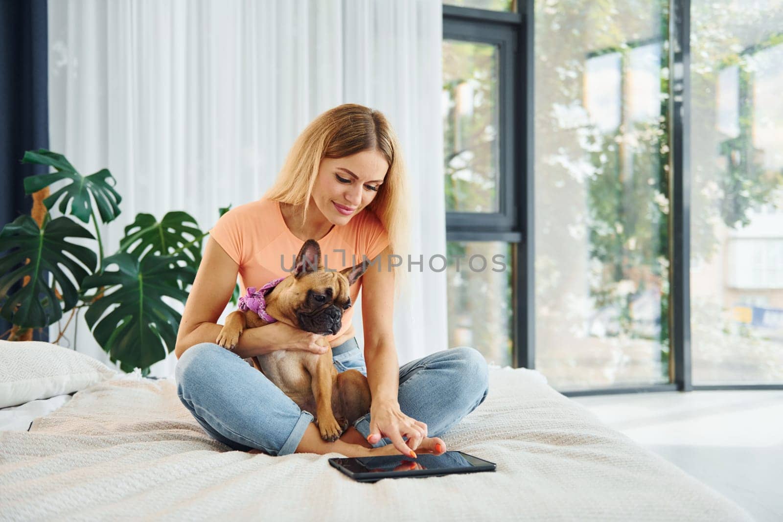 With tablet on bed. Woman with pug dog is at home at daytime.