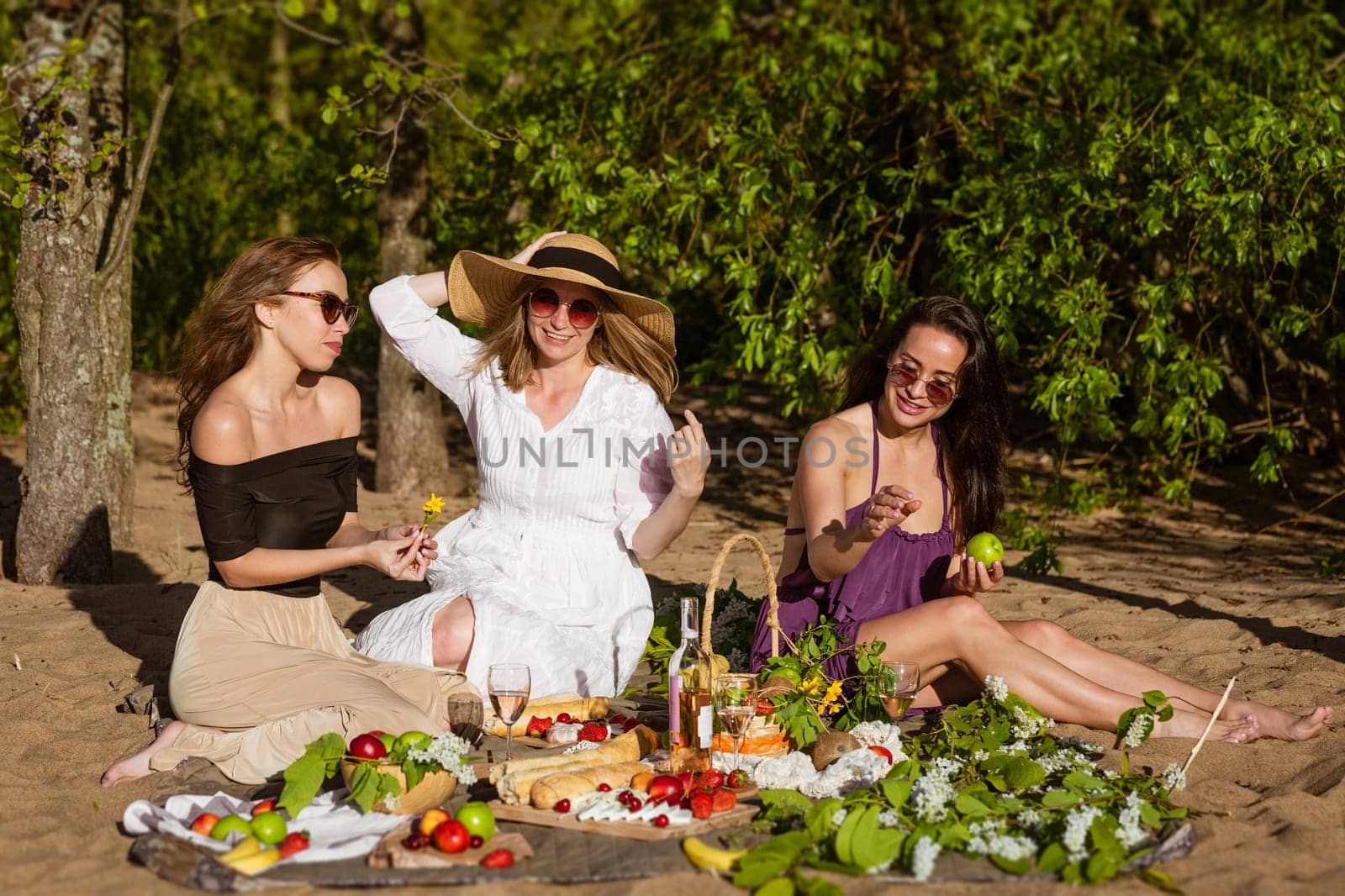 Cheerful women are resting in nature with wine. Beautiful by EkaterinaPereslavtseva