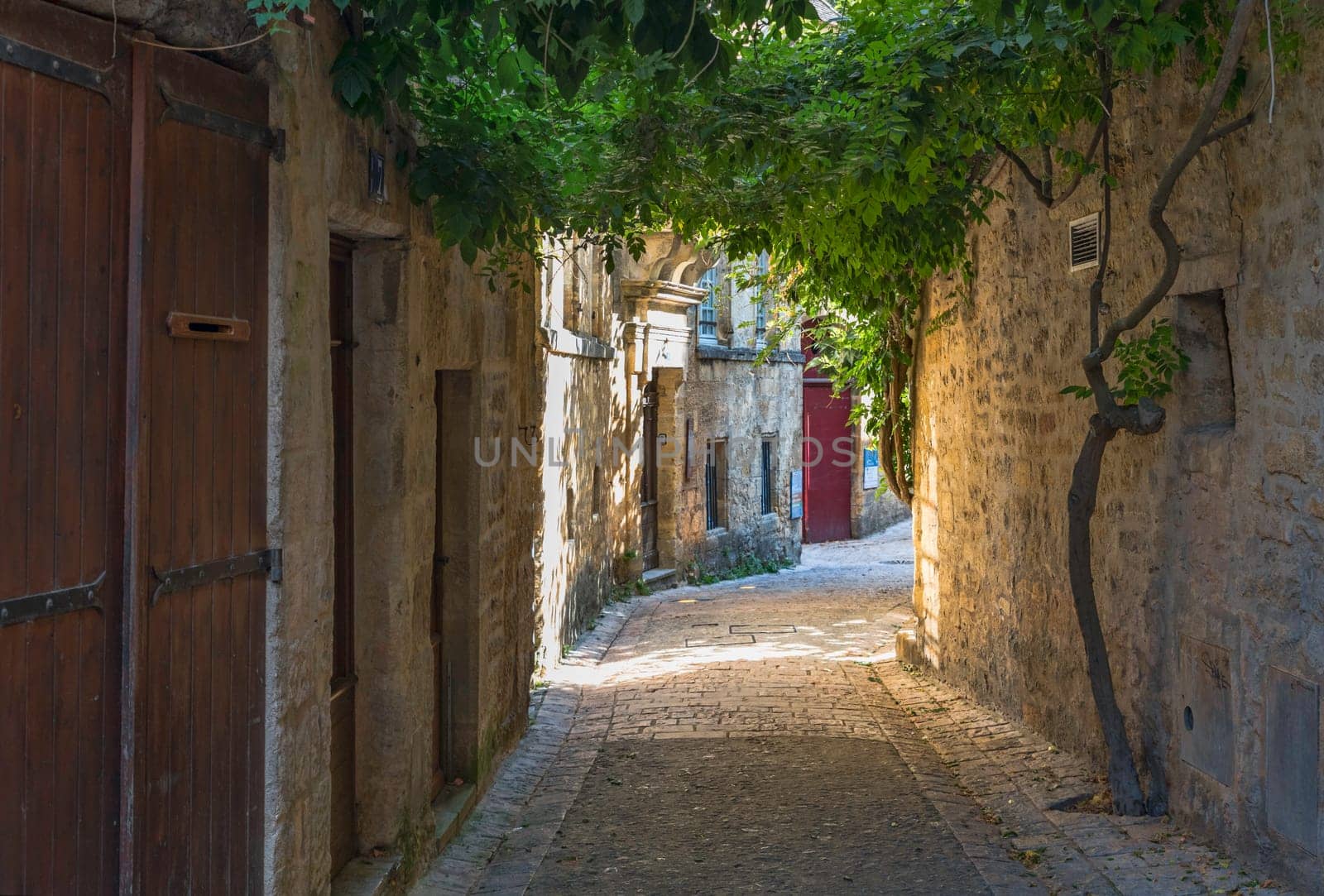 view through a typical French street in the village of Charlotte in the Dordogne
